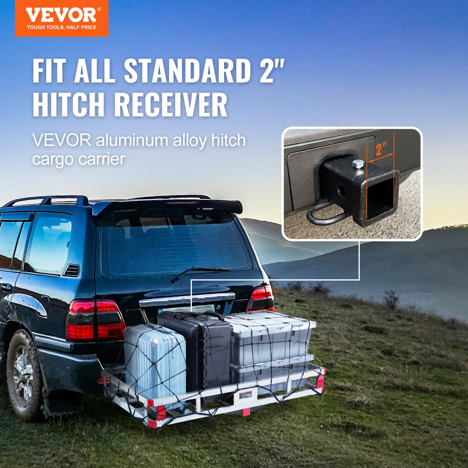 VEVOR 49.4 x 22.4 x 7.1 in Hitch Cargo Carrier, 500lb Capacity Trailer Hitch Mount Aluminum Cargo Basket, Luggage Carrier Rack Fits 2" Hitch Receiver