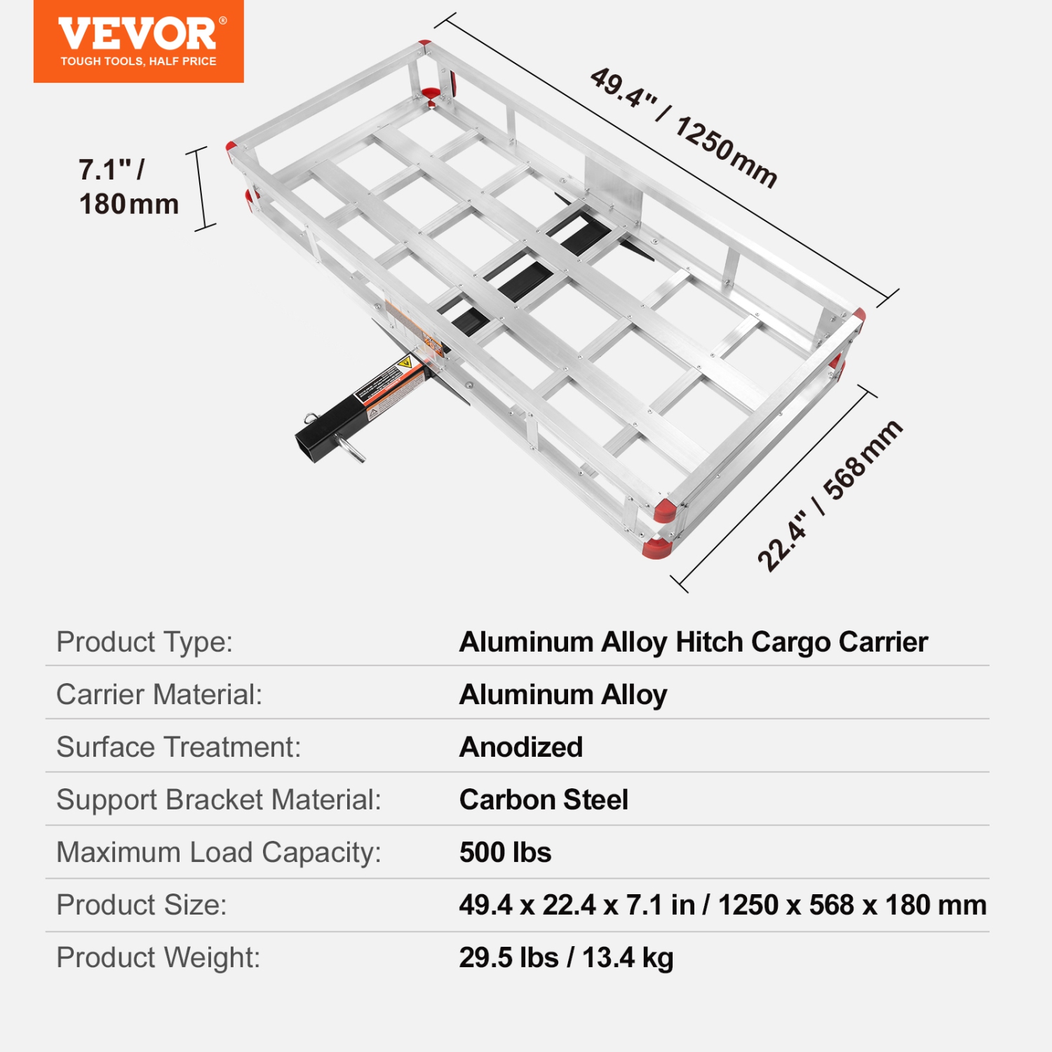VEVOR 49.4 x 22.4 x 7.1 in Hitch Cargo Carrier, 500lb Capacity Trailer Hitch Mount Aluminum Cargo Basket, Luggage Carrier Rack Fits 2" Hitch Receiver