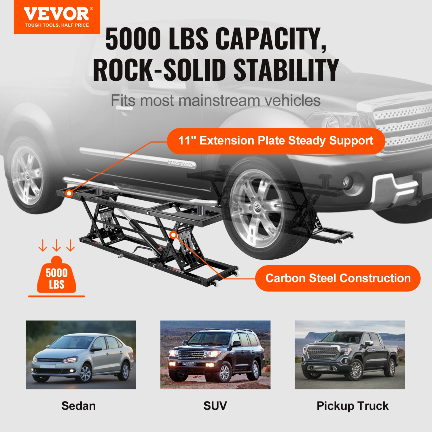 VEVOR 5,000 LBS Car Lift, Portable Car Lift, with Extended-Length Plates, 25.6" Max. Height, Heavy-duty Carbon Steel Truck Lift with Power Unit, Auto