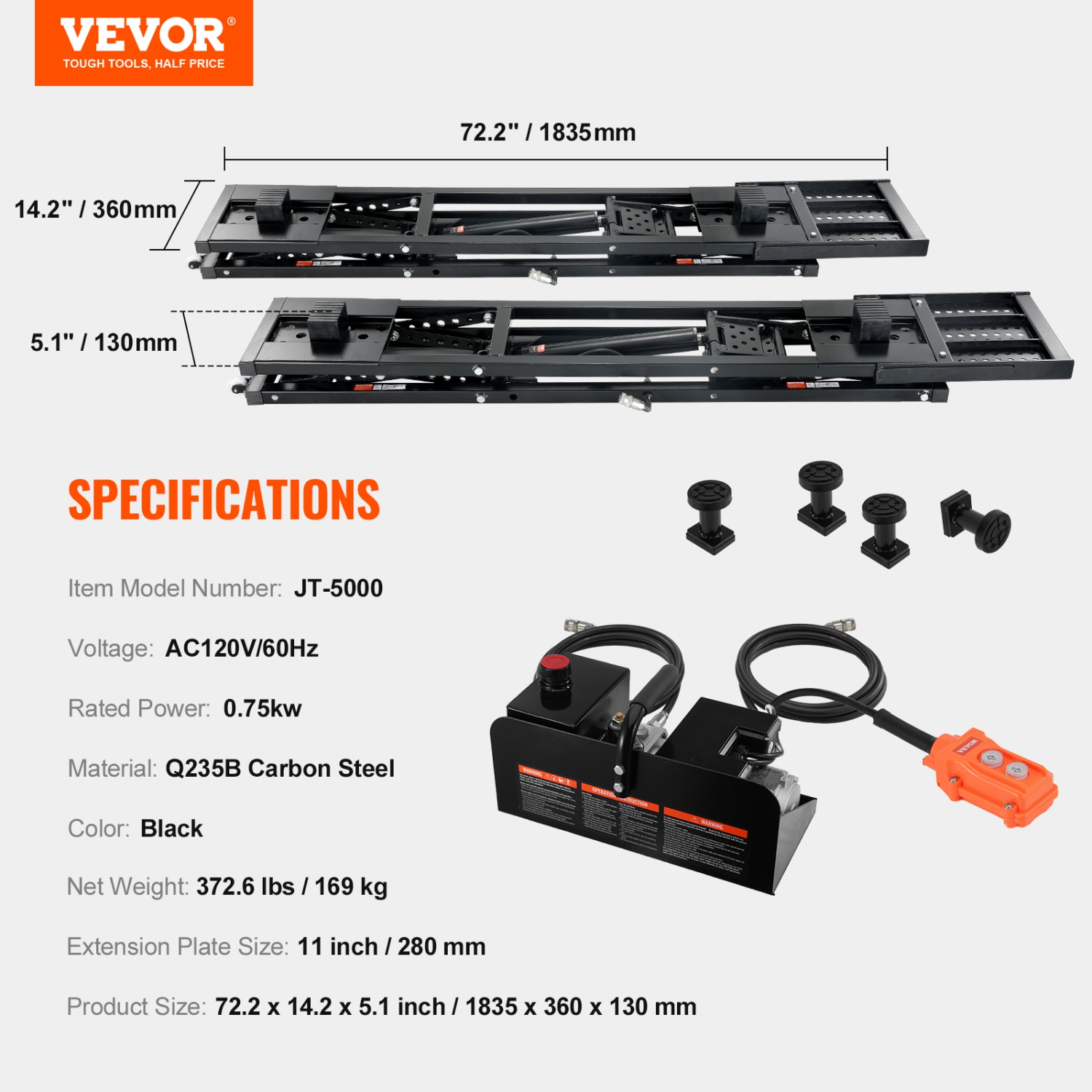 VEVOR 5,000 LBS Car Lift, Portable Car Lift, with Extended-Length Plates, 25.6" Max. Height, Heavy-duty Carbon Steel Truck Lift with Power Unit, Auto