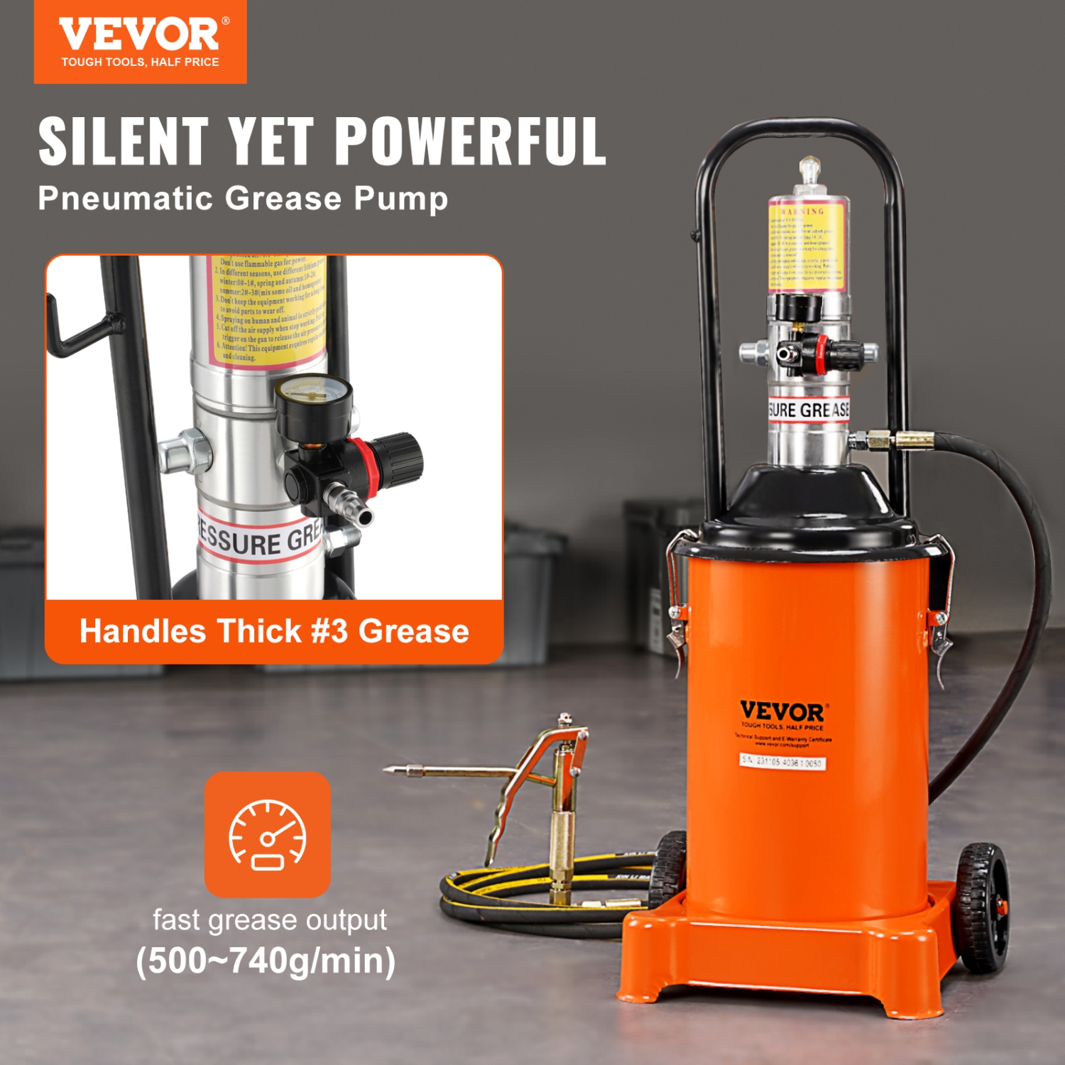 VEVOR 3 Gallon 12L,Grease Pump, Air Operated Grease Pump with 13 ft High Pressure Hose and Grease Gun, Pneumatic Grease Bucket Pump ,Lubrication