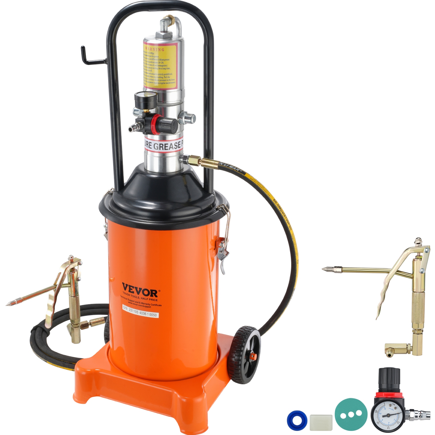 VEVOR 3 Gallon 12L,Grease Pump, Air Operated Grease Pump with 13 ft High Pressure Hose and Grease Gun, Pneumatic Grease Bucket Pump ,Lubrication