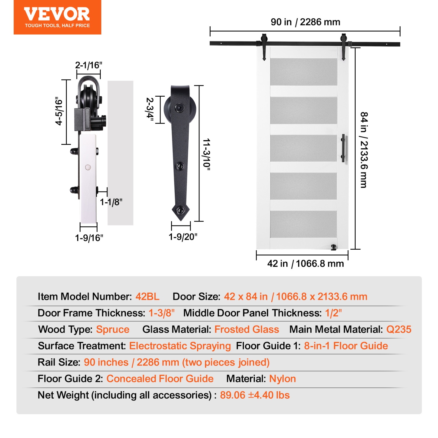 VEVOR 42" x 84" Barn Door and Hardware Kit, Wood and Glass Sliding Barn Door, Smoothly and Quietly, Barn Door Kit with 8-in-1 Floor Guide and Door