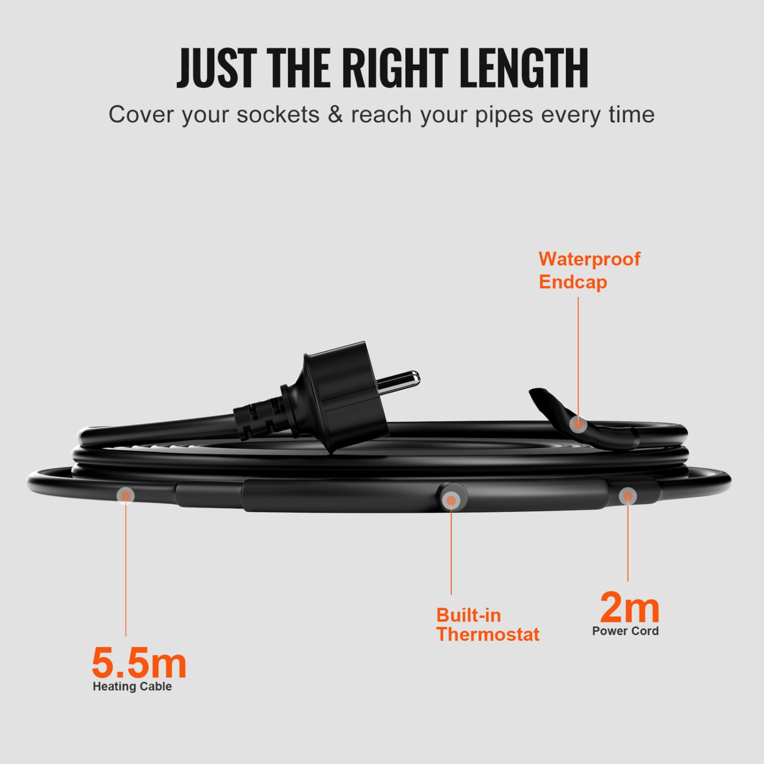 VEVOR 120V Self-Regulating Pipe Heating Cable, 18-feet 5W/ft Heat Tape for Pipes Freeze Protection, Protects PVC Hose, Metal and Plastic Pipe from