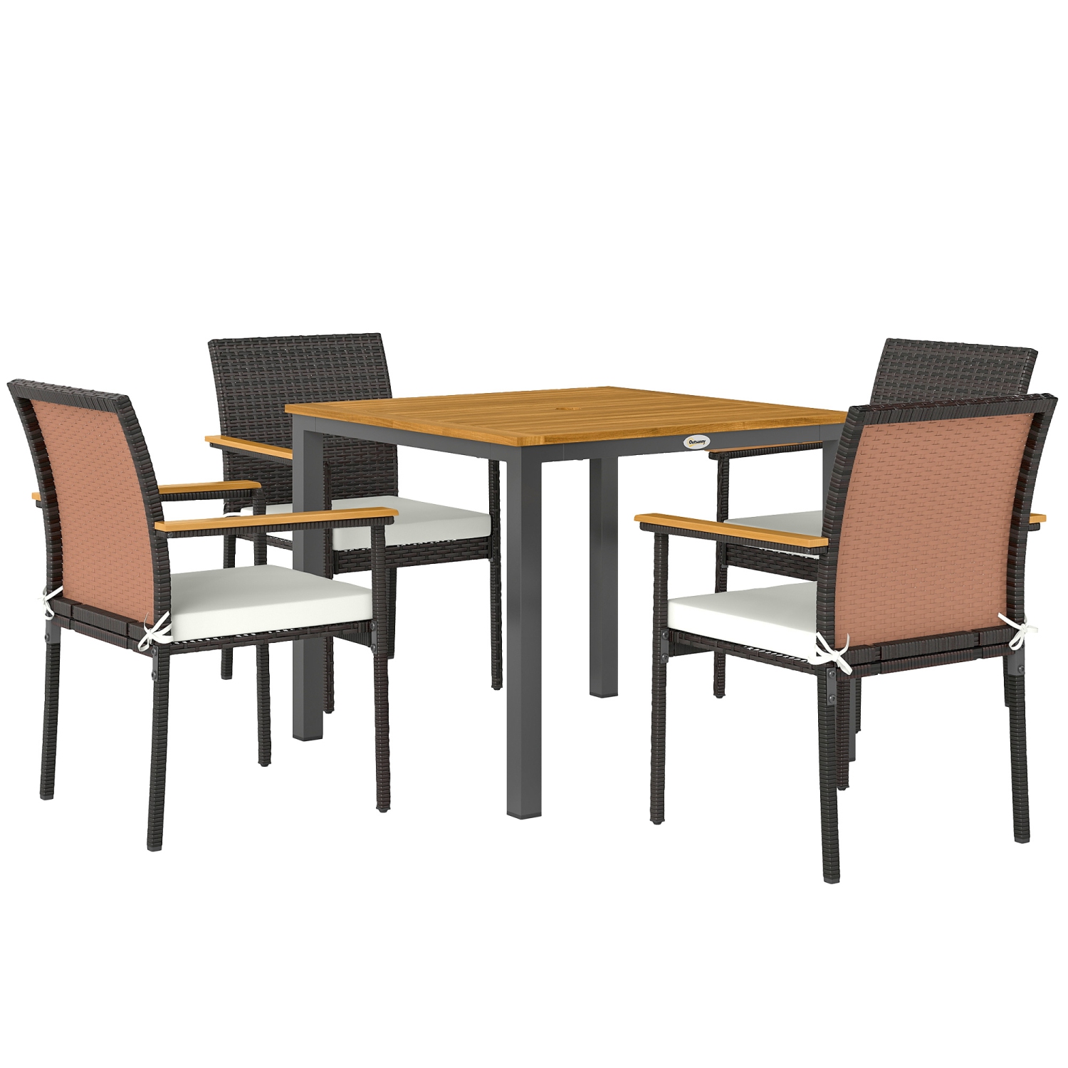 Outsunny 5 Pieces Wicker Patio Dining Set, Rattan Outdoor Furniture Set, 4 Stackable Armchairs with Removable Cushions, Acacia Wood Top Dining Table