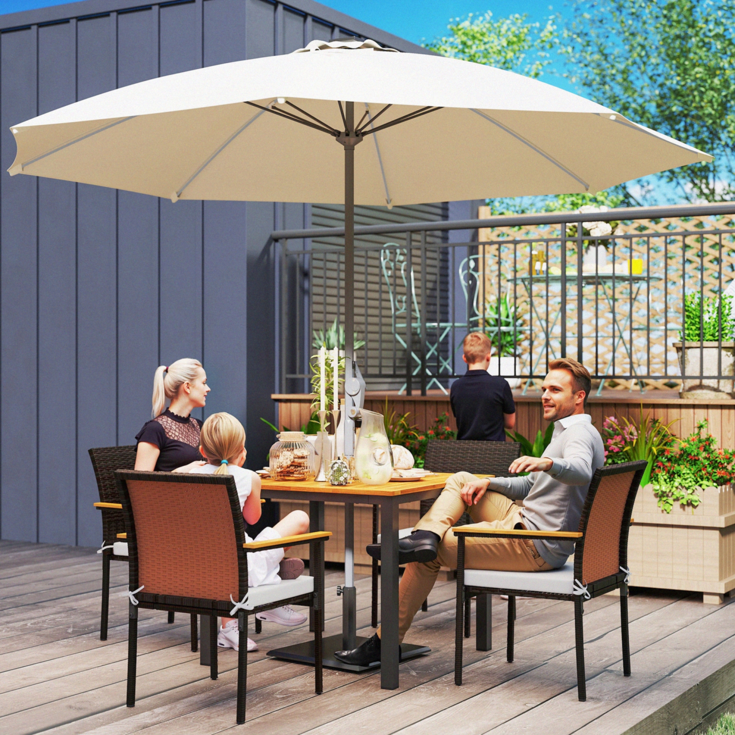 Outsunny 5 Pieces Wicker Patio Dining Set, Rattan Outdoor Furniture Set, 4 Stackable Armchairs with Removable Cushions, Acacia Wood Top Dining Table