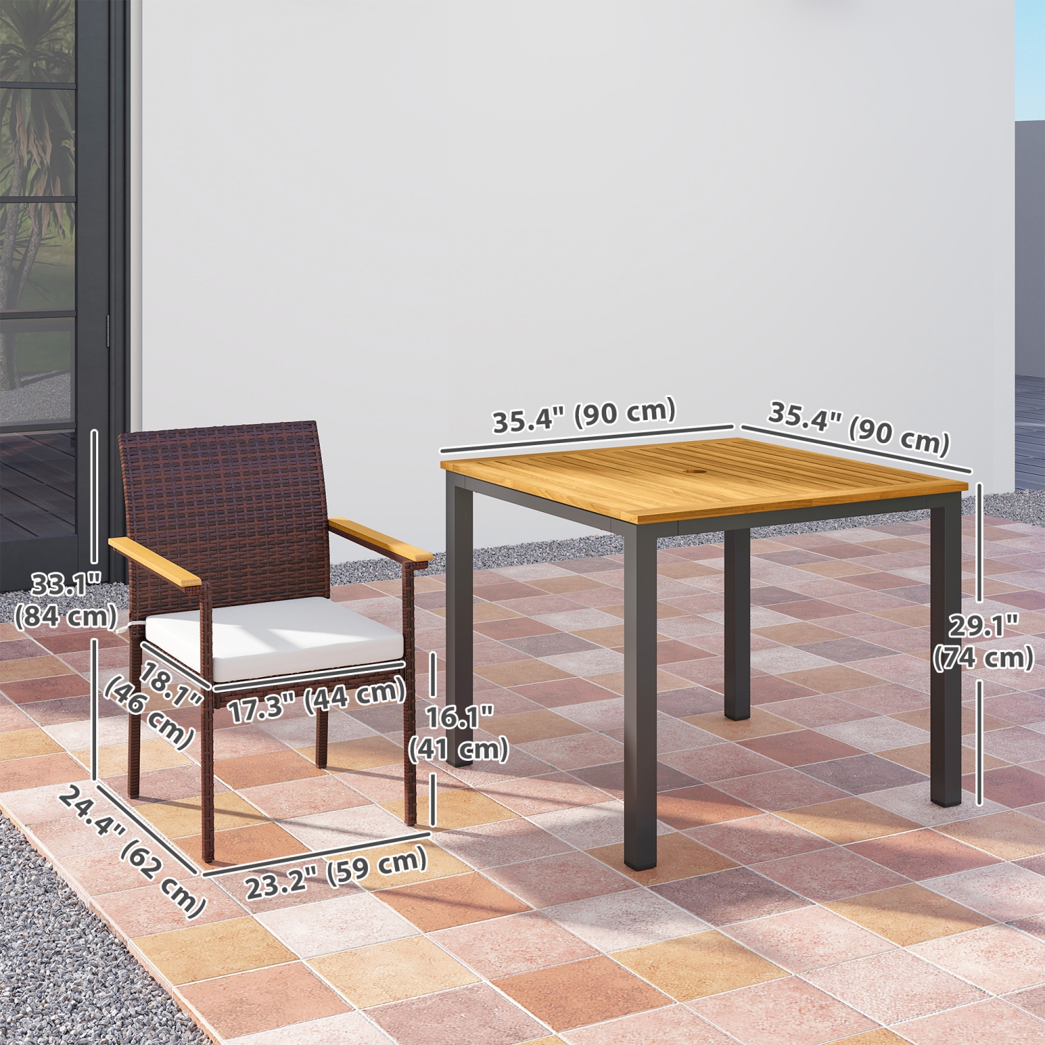 Outsunny 5 Pieces Wicker Patio Dining Set, Rattan Outdoor Furniture Set, 4 Stackable Armchairs with Removable Cushions, Acacia Wood Top Dining Table