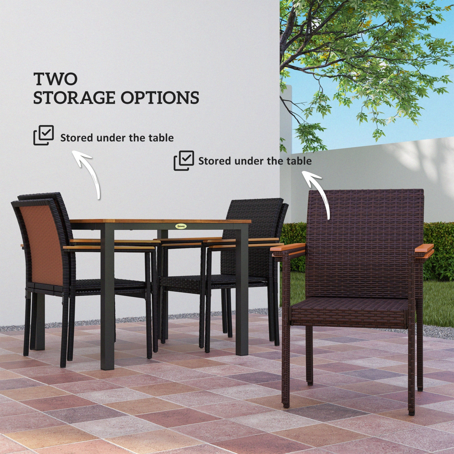 Outsunny 5 Pieces Wicker Patio Dining Set, Rattan Outdoor Furniture Set, 4 Stackable Armchairs with Removable Cushions, Acacia Wood Top Dining Table