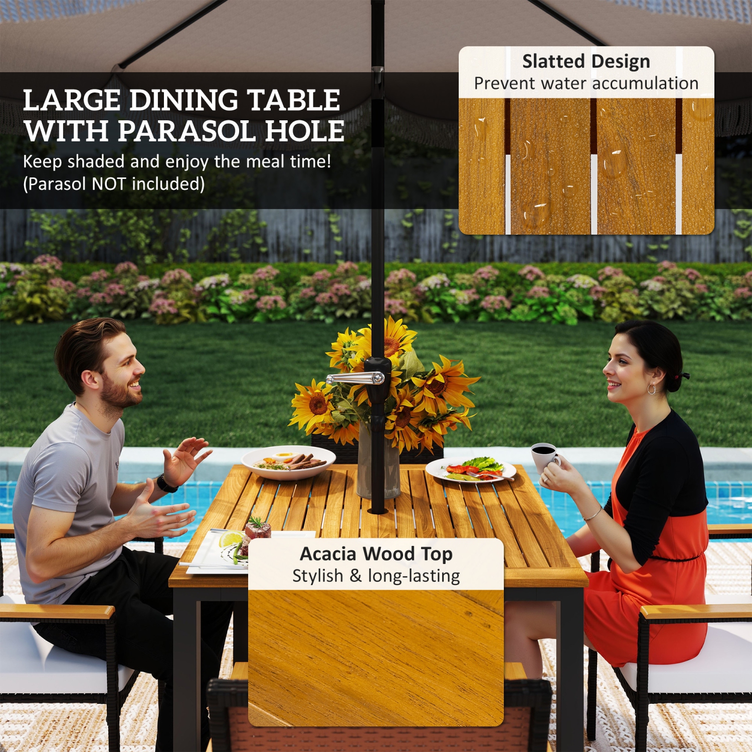 Outsunny 5 Pieces Wicker Patio Dining Set, Rattan Outdoor Furniture Set, 4 Stackable Armchairs with Removable Cushions, Acacia Wood Top Dining Table