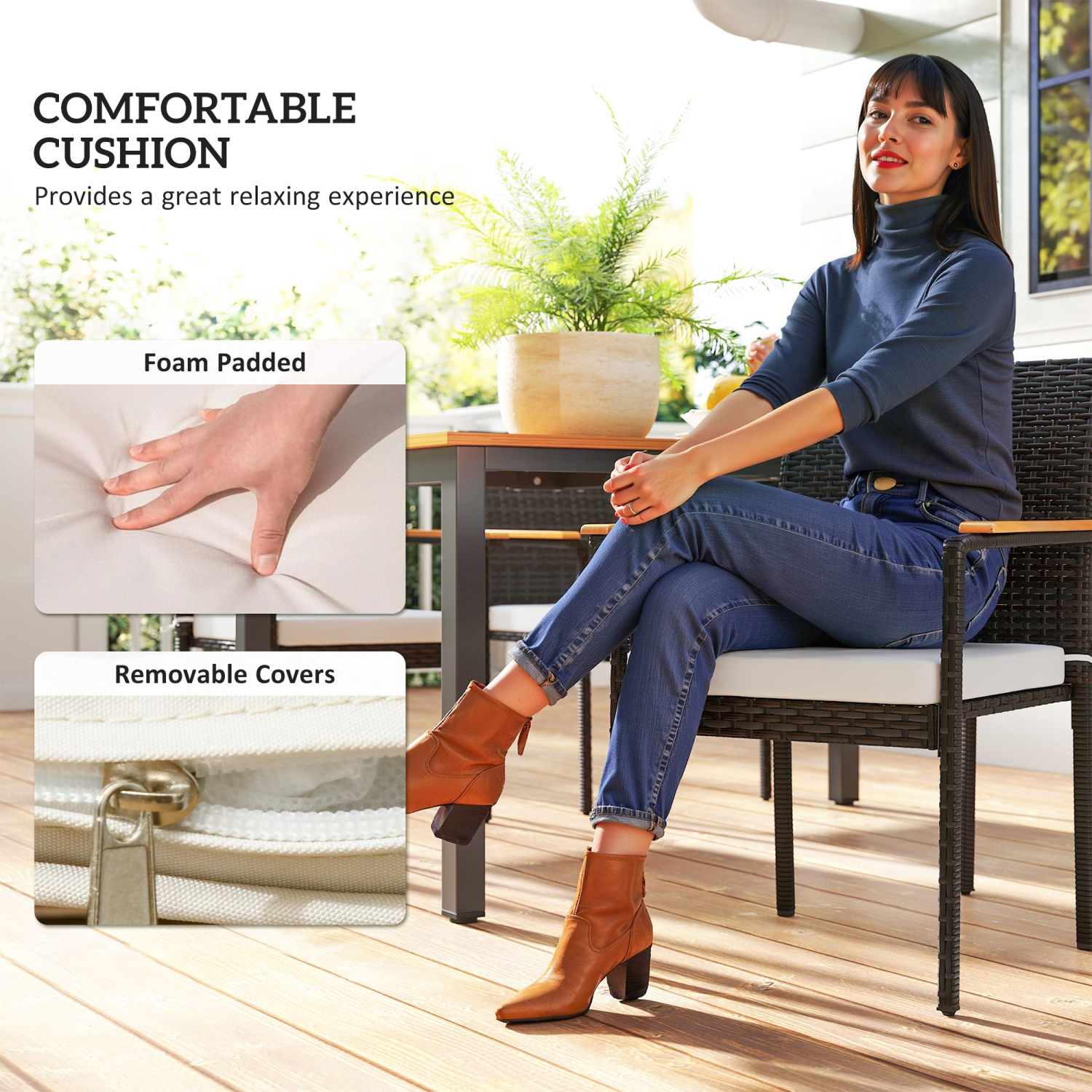 Outsunny 5 Pieces Wicker Patio Dining Set, Rattan Outdoor Furniture Set, 4 Stackable Armchairs with Removable Cushions, Acacia Wood Top Dining Table