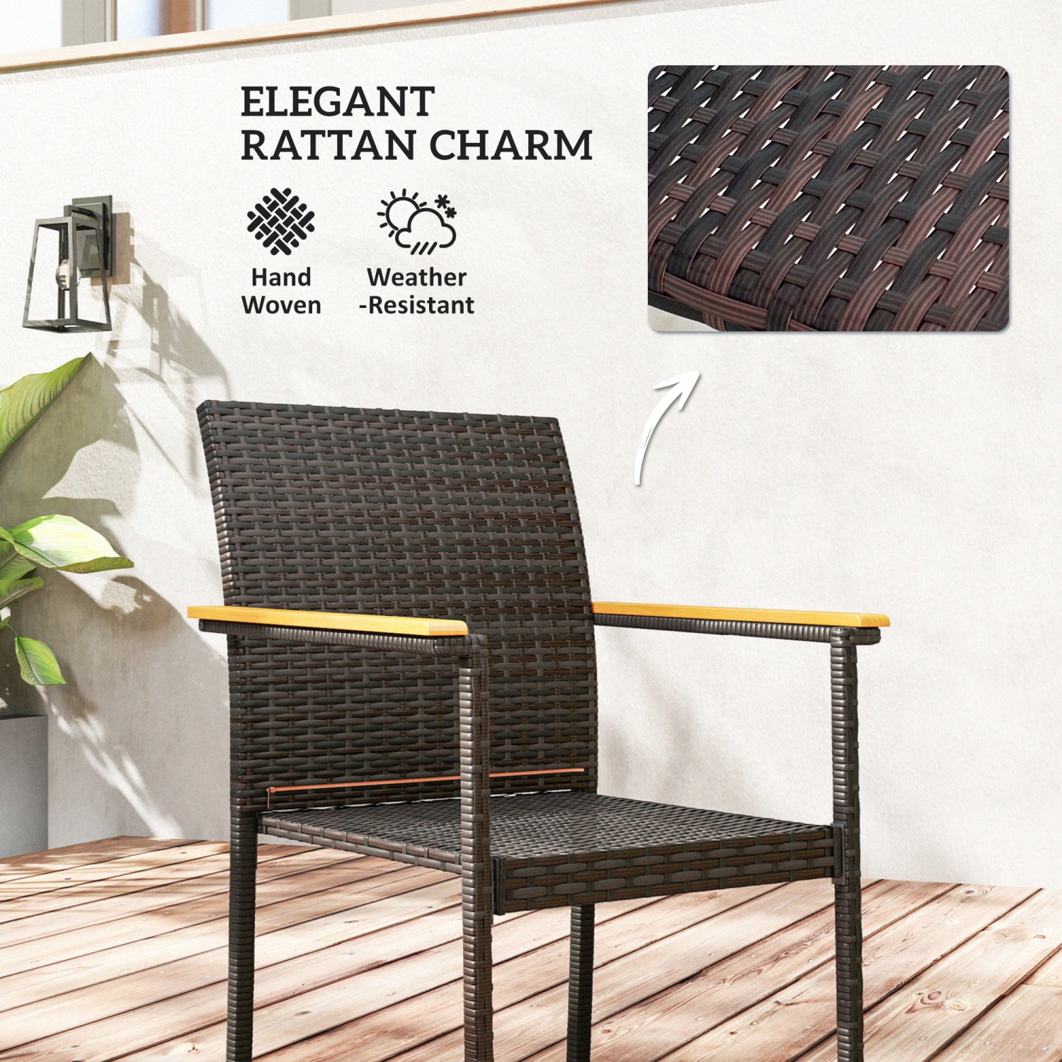 Outsunny 5 Pieces Wicker Patio Dining Set, Rattan Outdoor Furniture Set, 4 Stackable Armchairs with Removable Cushions, Acacia Wood Top Dining Table