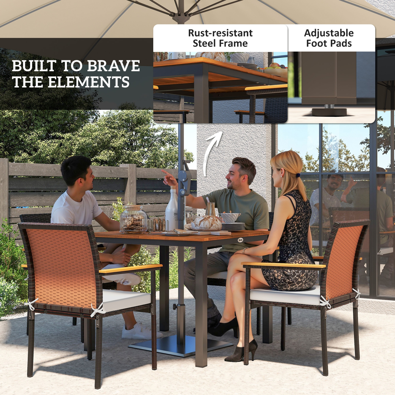 Outsunny 5 Pieces Wicker Patio Dining Set, Rattan Outdoor Furniture Set, 4 Stackable Armchairs with Removable Cushions, Acacia Wood Top Dining Table