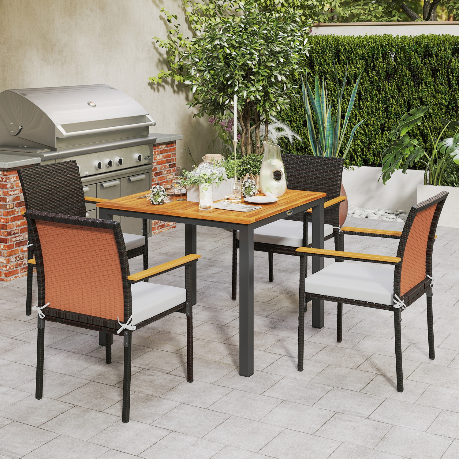 Outsunny 5 Pieces Wicker Patio Dining Set, Rattan Outdoor Furniture Set, 4 Stackable Armchairs with Removable Cushions, Acacia Wood Top Dining Table