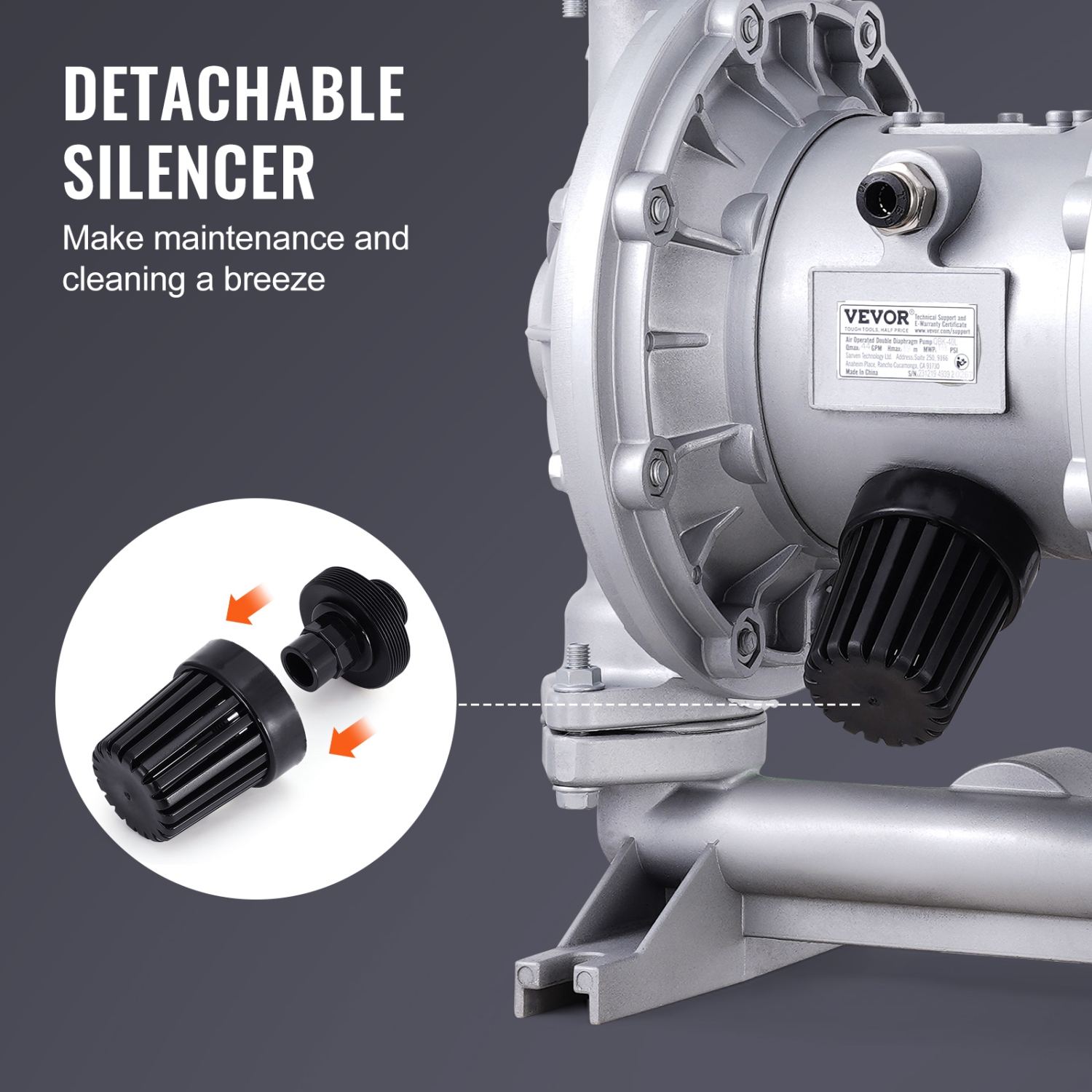 VEVOR 44GPM Air Operated Double Diaphragm Pump, Max 115PSI Air Waste Oil Pneumatic Transfer Pump with 2 Extra Diaphragms, 1-1/2 inch Inlet & Outlet