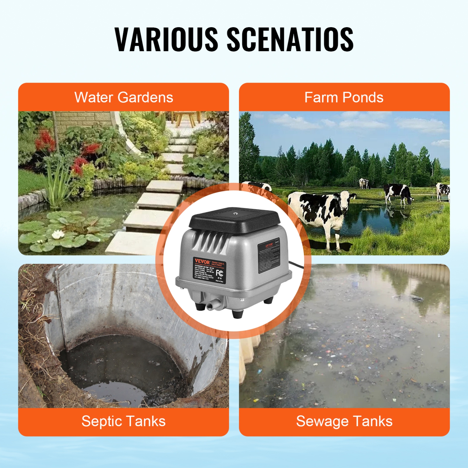 VEVOR 90L/Min Linear Air Pump,Air Septic Aerator Pump, Aeration System for 1/4 Acre 10 FT Deep Ponds, Water Gardens, Waste Treatment, Septic Tanks,