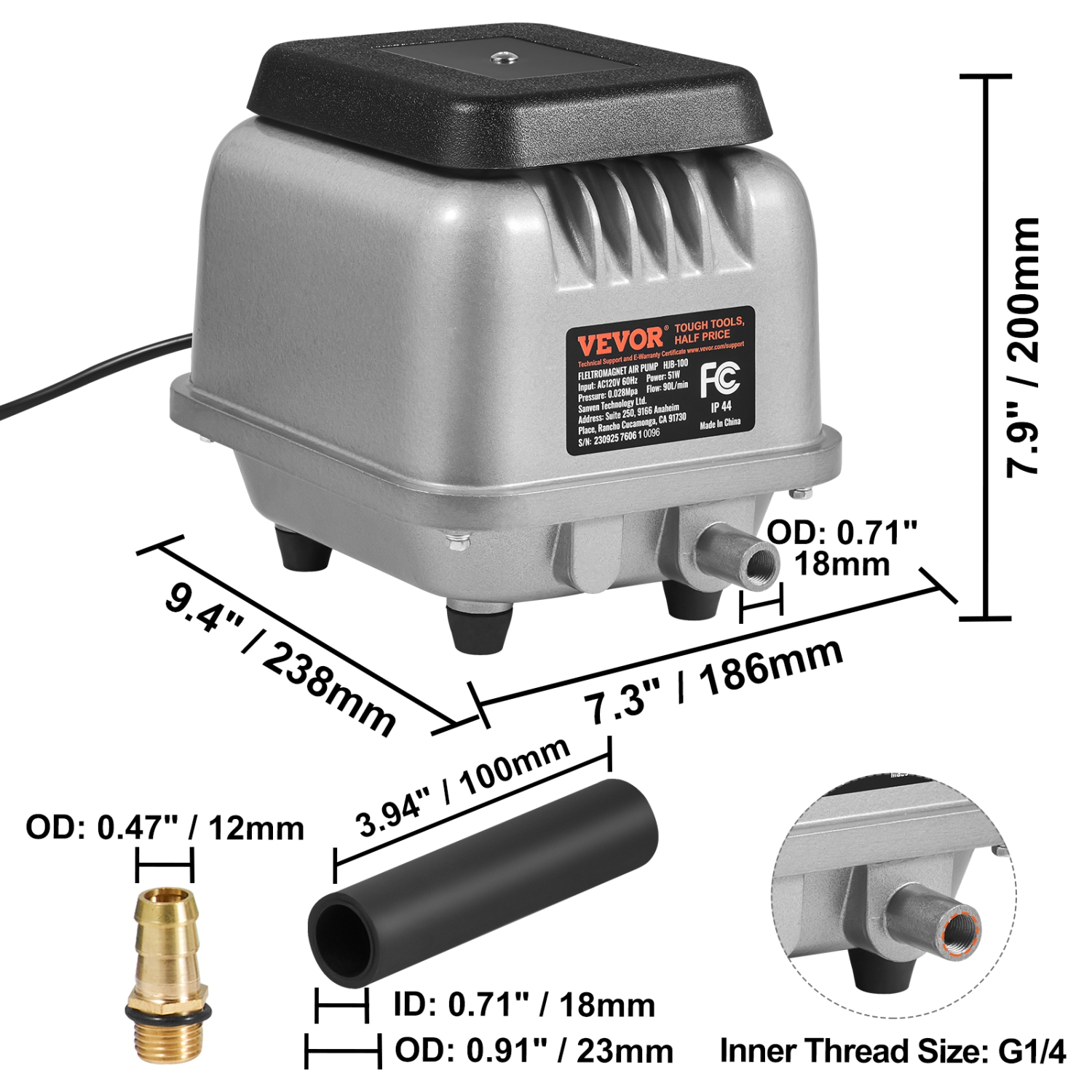 VEVOR 90L/Min Linear Air Pump,Air Septic Aerator Pump, Aeration System for 1/4 Acre 10 FT Deep Ponds, Water Gardens, Waste Treatment, Septic Tanks,