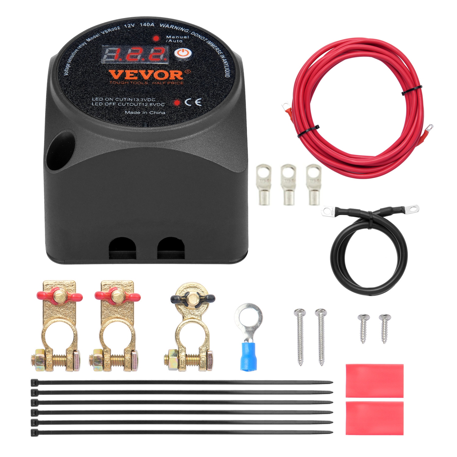 VEVOR 12V 140Amp Dual Battery Isolator Kit, Manual and Auto Modes VSR Voltage Sensitive Relay with LCD Screen, Smart Battery Isolator for ATV UTV RV