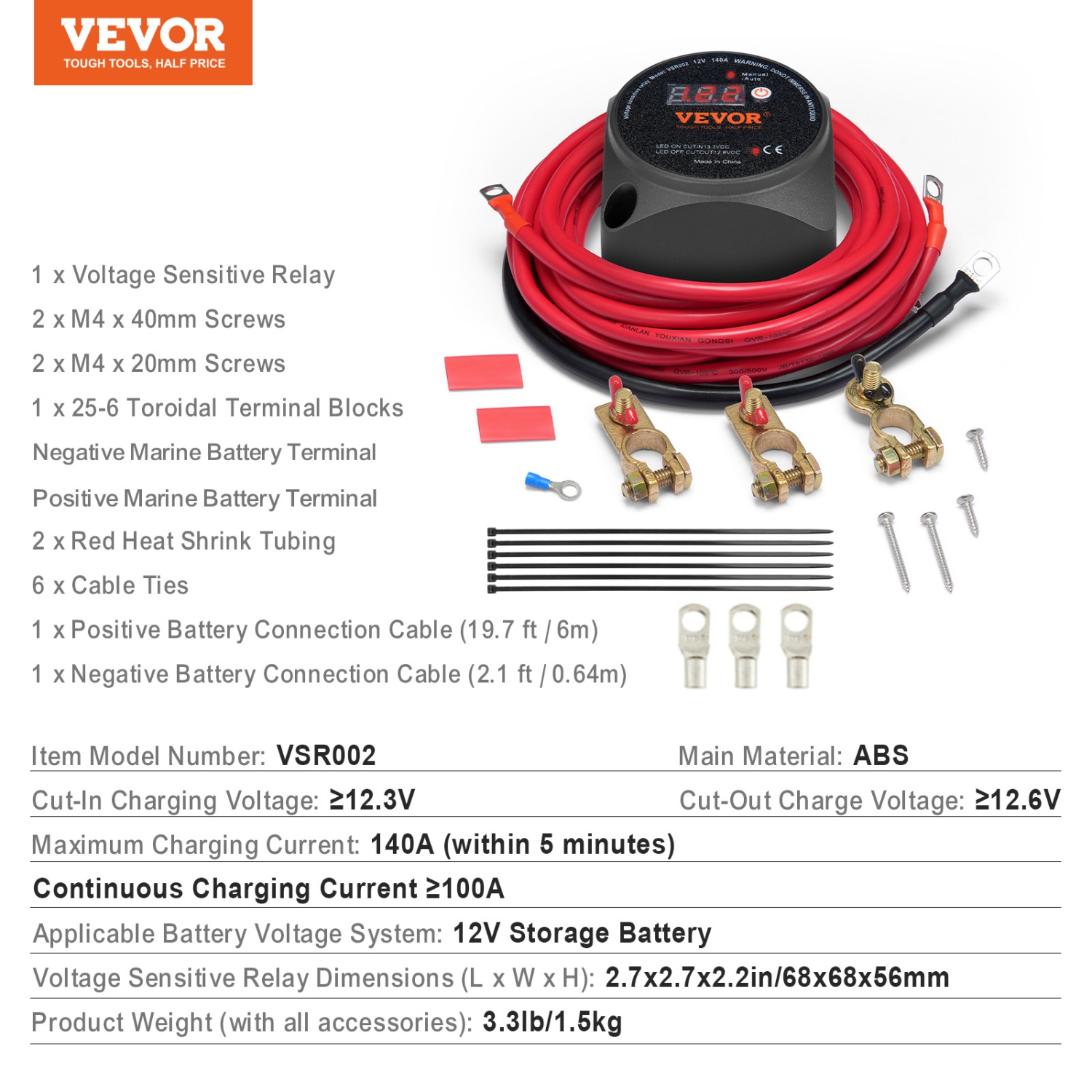 VEVOR 12V 140Amp Dual Battery Isolator Kit, Manual and Auto Modes VSR Voltage Sensitive Relay with LCD Screen, Smart Battery Isolator for ATV UTV RV