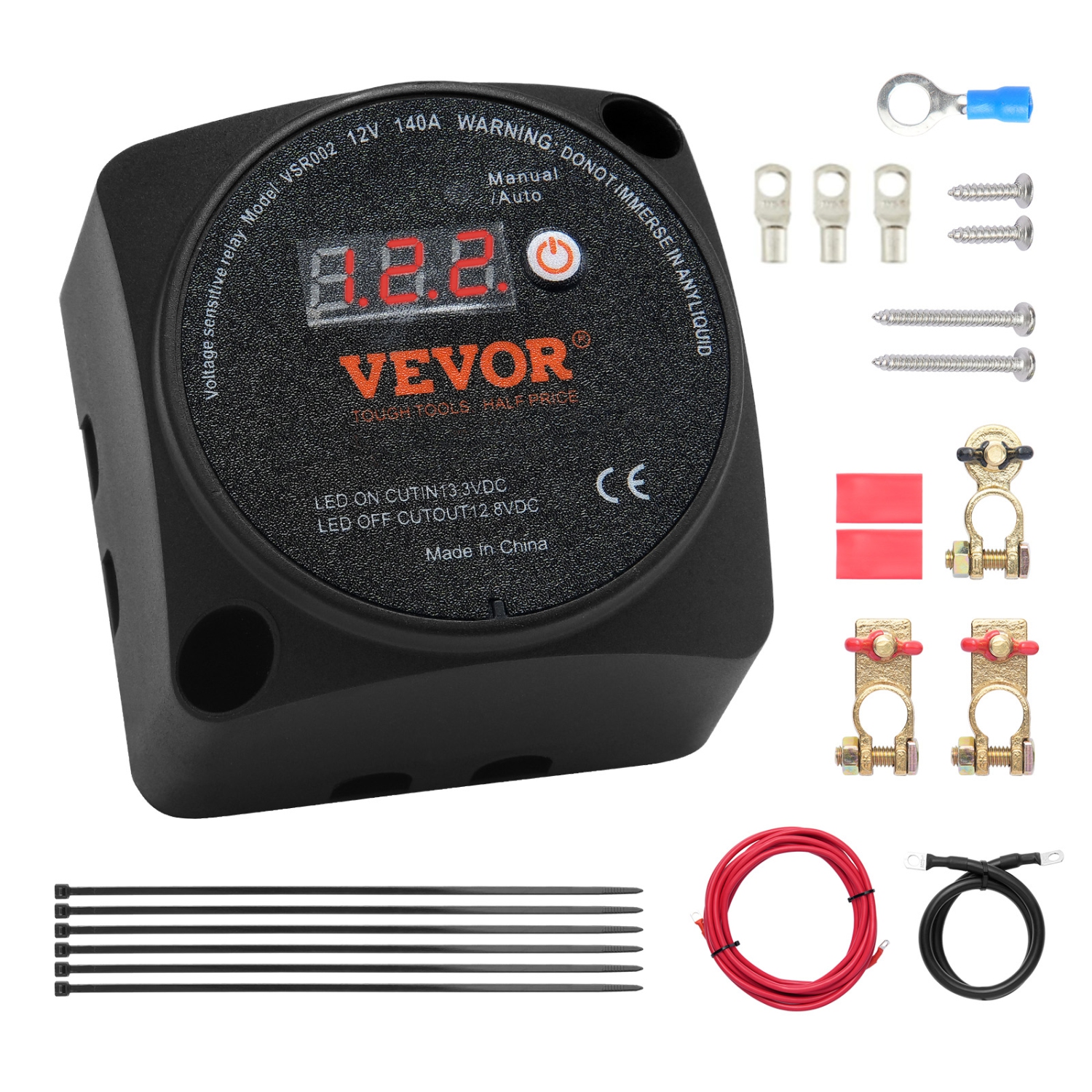 VEVOR 12V 140Amp Dual Battery Isolator Kit, Manual and Auto Modes VSR Voltage Sensitive Relay with LCD Screen, Smart Battery Isolator for ATV UTV RV