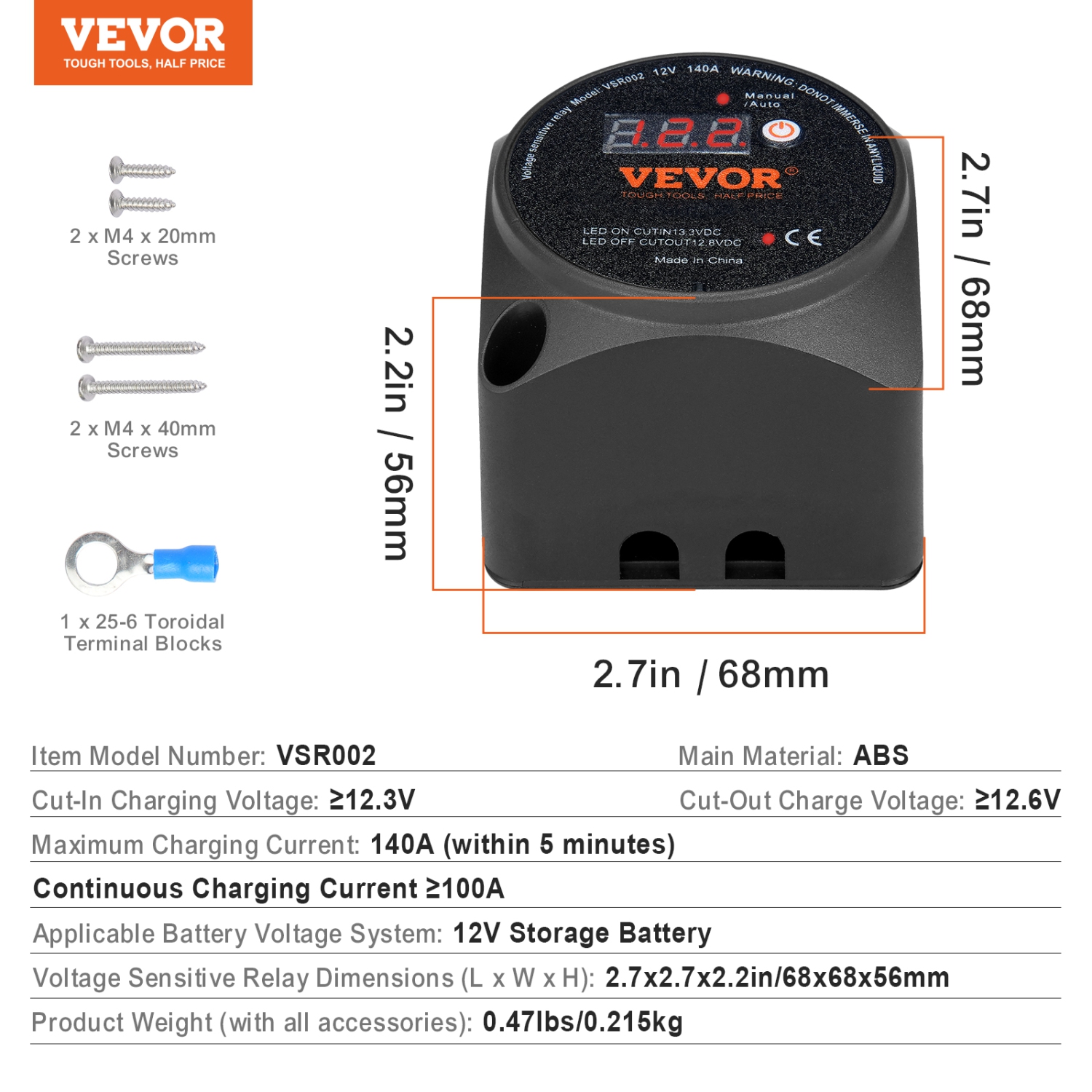 VEVOR 12V 140Amp Dual Battery Isolator Kit, Manual and Auto Modes VSR Voltage Sensitive Relay with LCD Screen, Smart Battery Isolator for ATV UTV RV