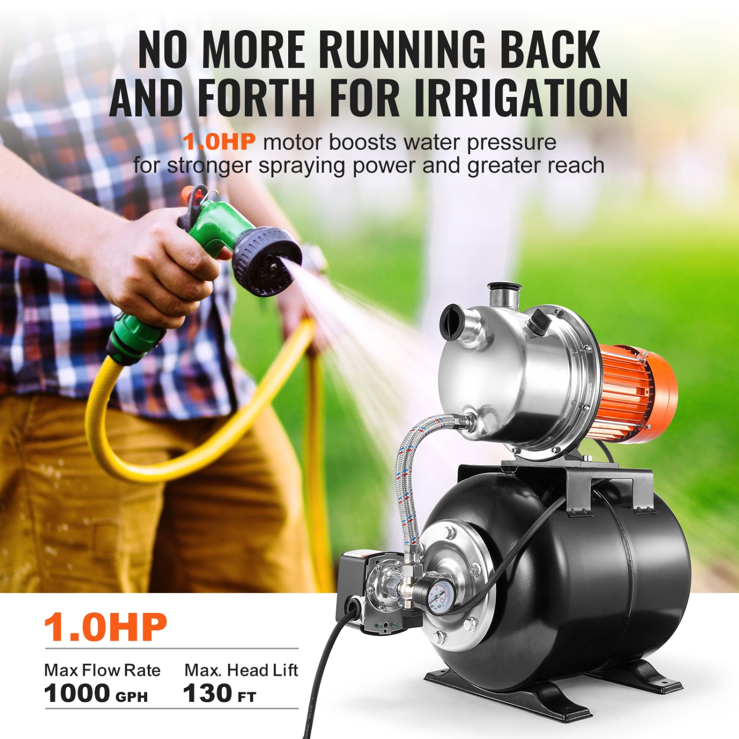 VEVOR 1 HP Shallow Well Pump with Pressure Tank, 1000 GPH, Automatic Irrigation Water Booster Pump with 130 ft Head Lift 20/40 PSI Pressure Switch,