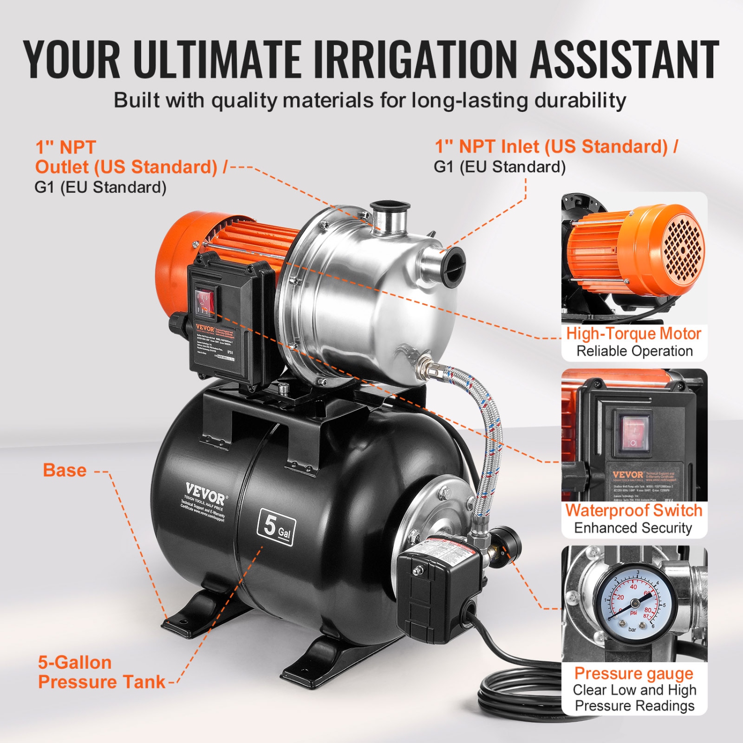 VEVOR 1 HP Shallow Well Pump with Pressure Tank, 1000 GPH, Automatic Irrigation Water Booster Pump with 130 ft Head Lift 20/40 PSI Pressure Switch,