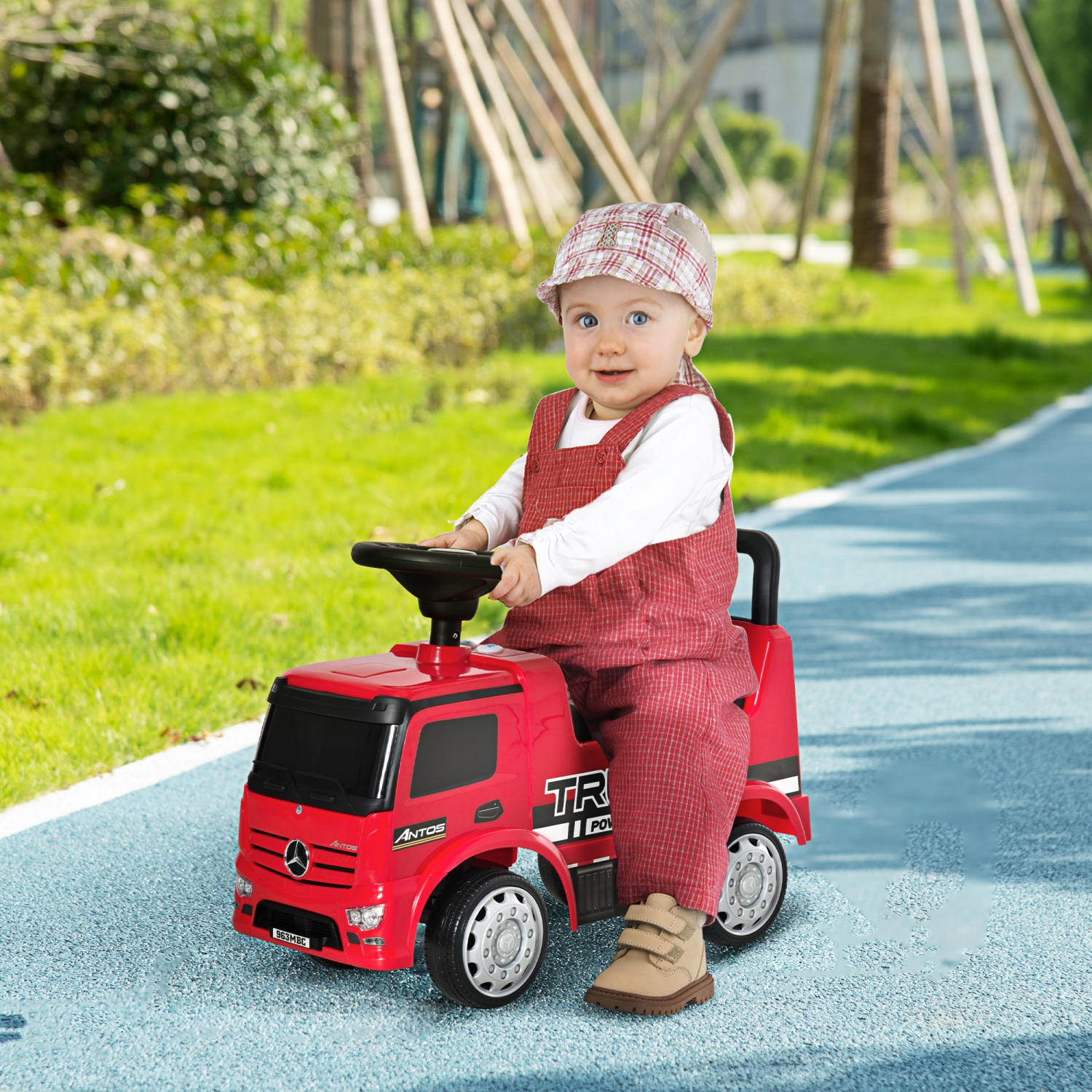 Voiture pour bébé homologuée Mercedes-Benz Antos de Qaba, jouet porteur pour enfants avec rangement sous le siège, coulisseau pieds-plancher avec