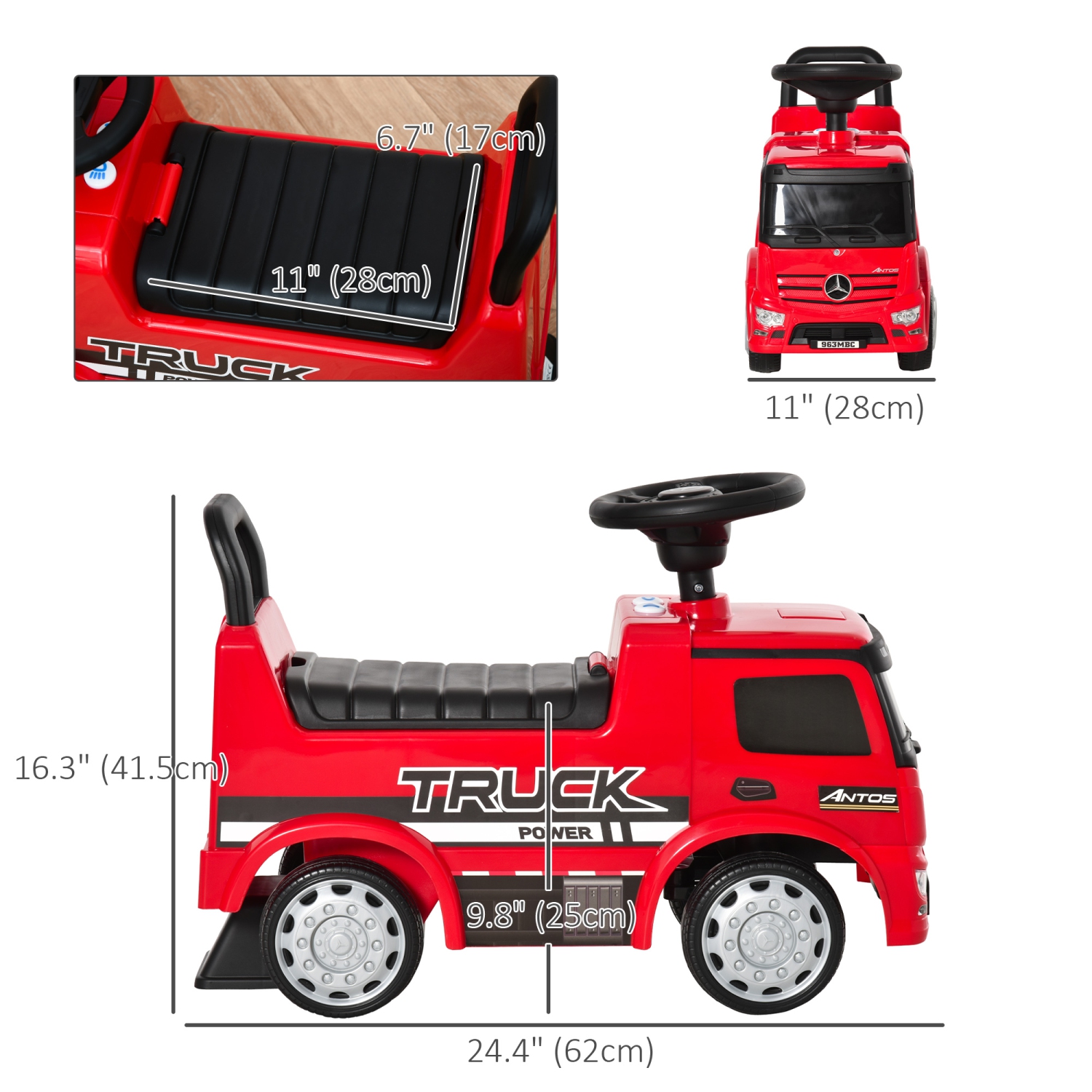 Voiture pour bébé homologuée Mercedes-Benz Antos de Qaba, jouet porteur pour enfants avec rangement sous le siège, coulisseau pieds-plancher avec