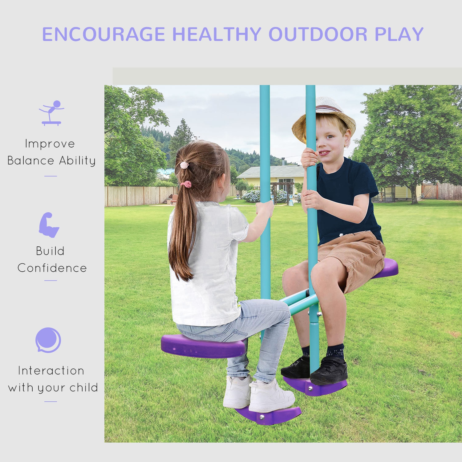 Outsunny 3 in 1 Metal Swing Set with Double Swings, Glider, Kids Swing Set for Backyard, Outdoor, Playground, Purple