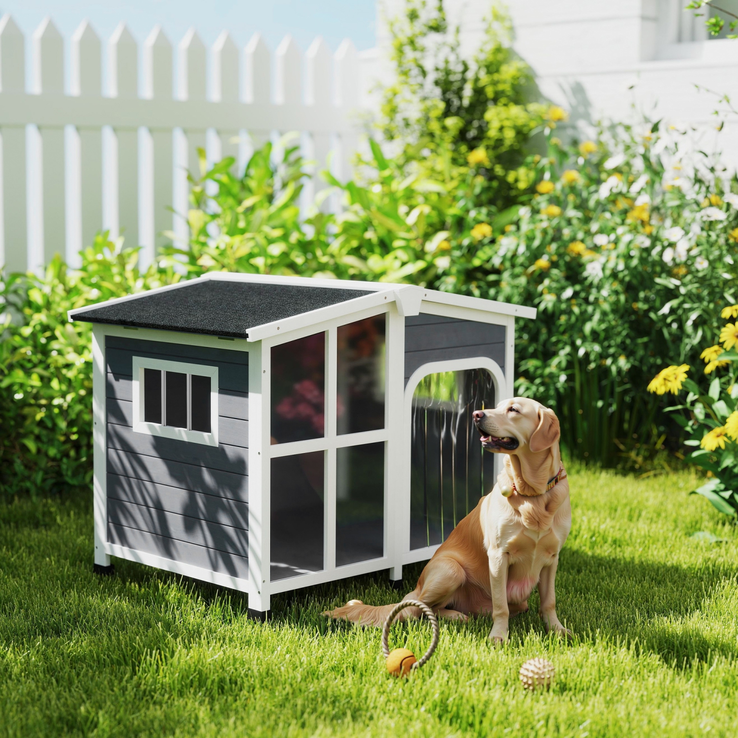 PawHut Large 42in Wooden Dog House Outdoor with Removable Bottom, Cabin Style Raised Pet Kennel, with Openable Asphalt Roof, Door Curtain, Side