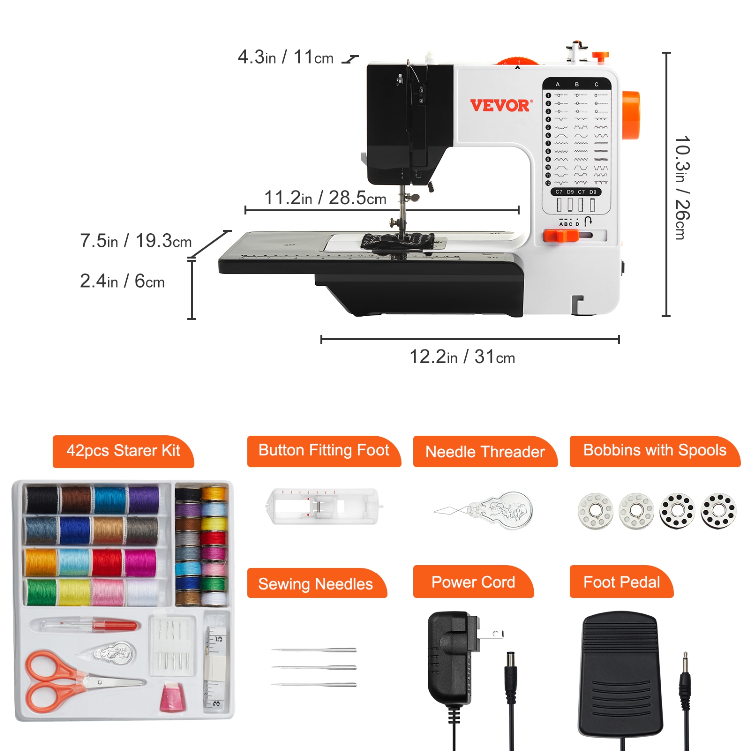 VEVOR Sewing Machine, Portable Sewing Machine for Beginners with 38 Built-in Stitches & Reverse Sewing, Dual Speed Sewing Machine with Extension