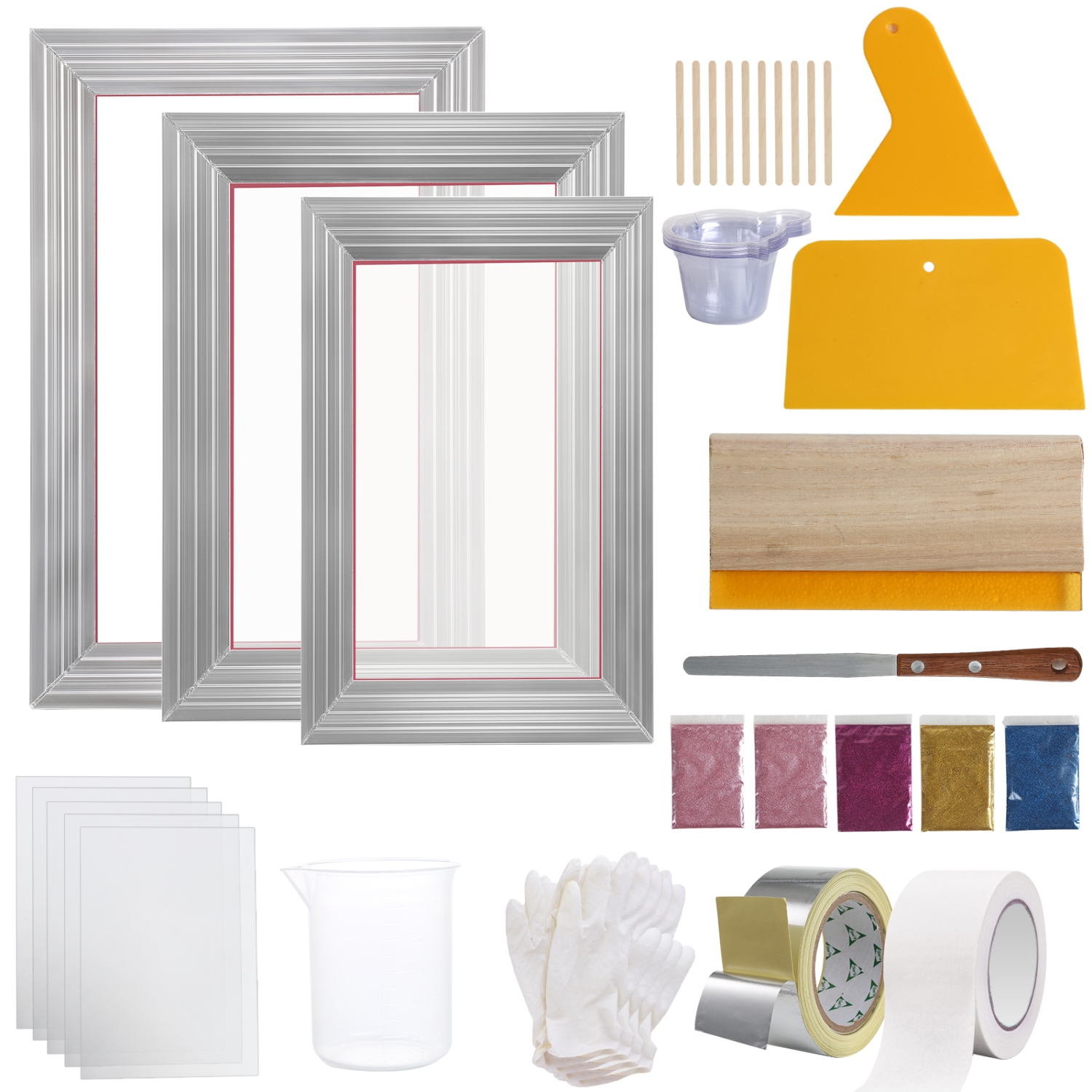 VEVOR 6x10/8x12/10x14inch Screen Printing Kit, 3 PCS Aluminum Silk Screen Printing Frames, 5 Glitters and Screen Printing Squeegees and Transparency