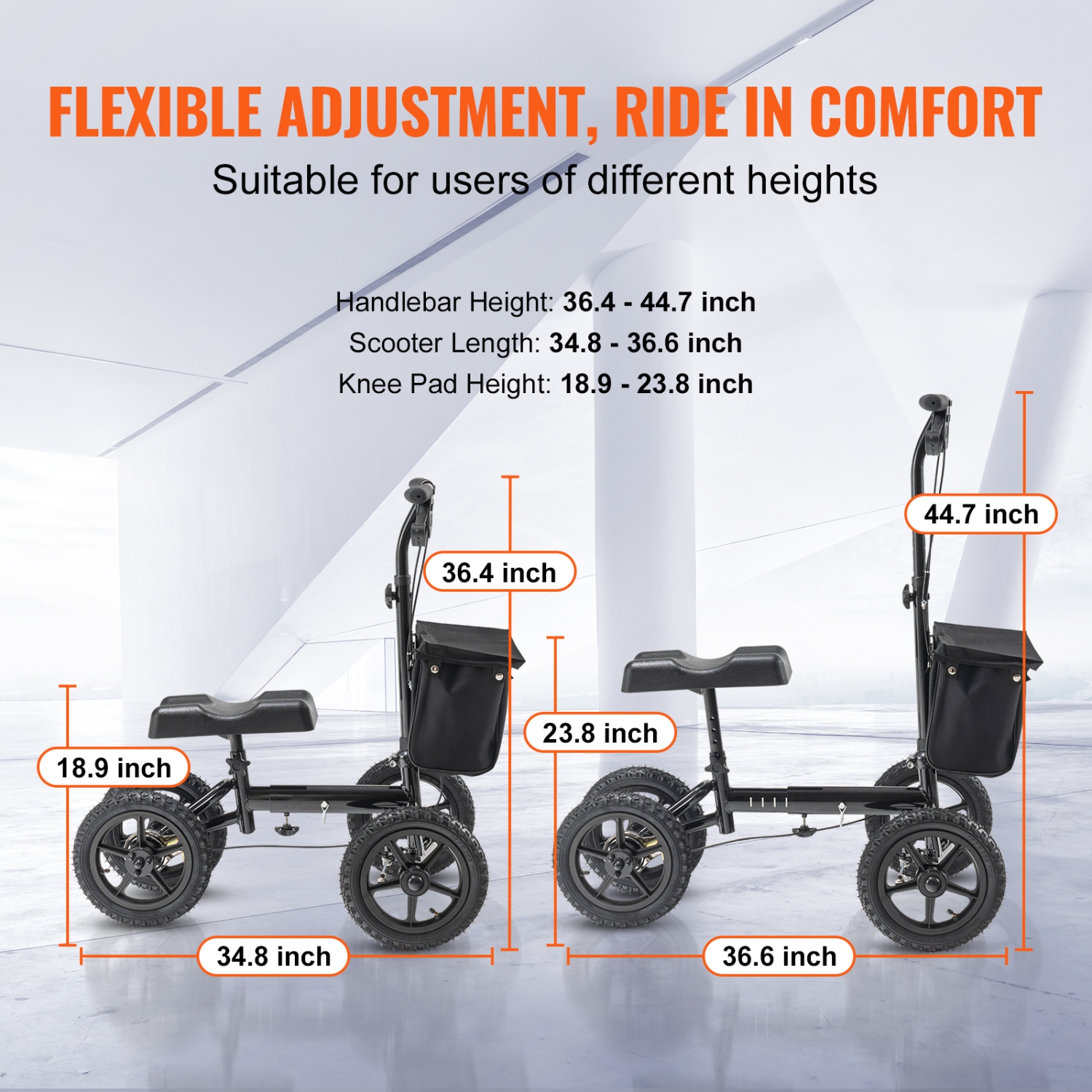 VEVOR 12" Folding Knee Scooter,Aluminum Steerable Knee Walker with Handlebar & Knee Pad, All-Terrain Wheels, Dual Brakes,Leg Recovery Scooter for