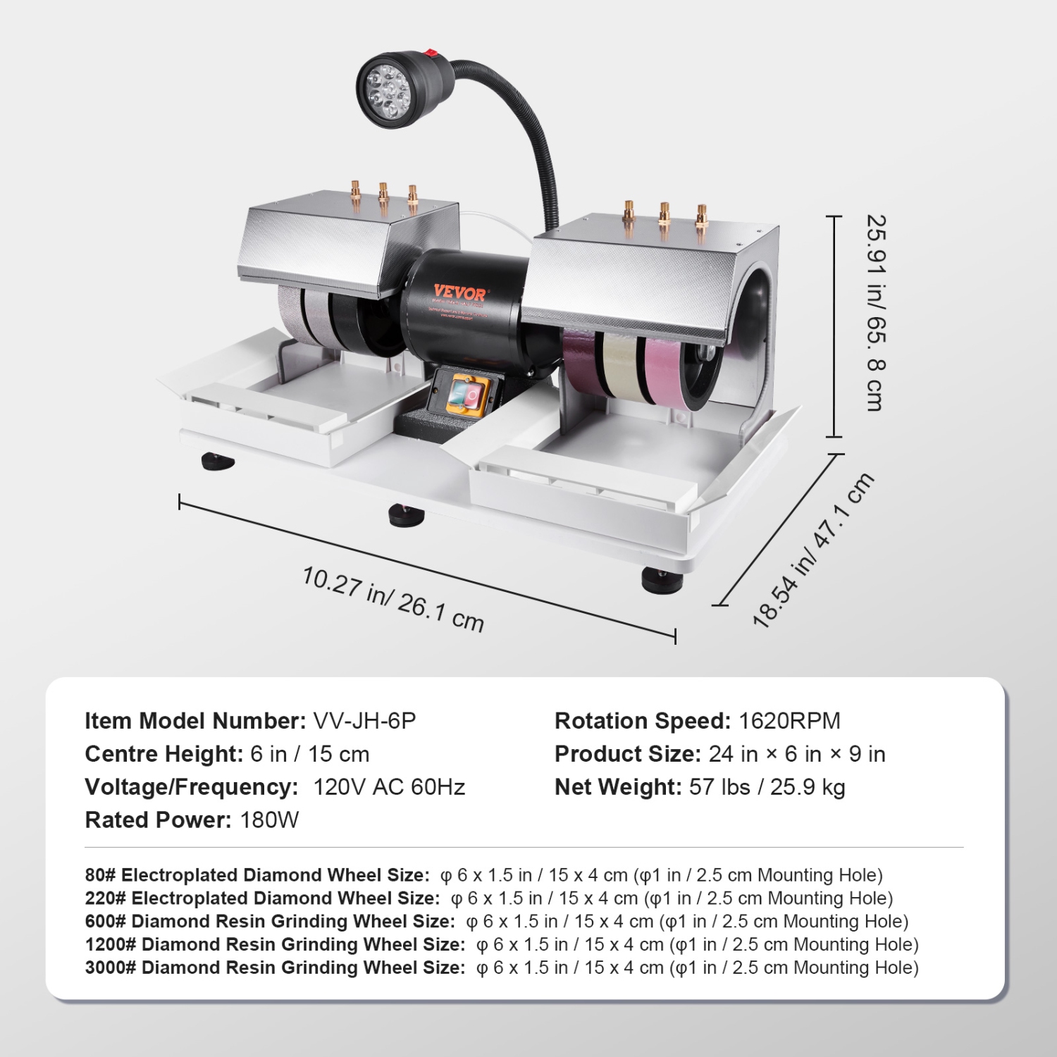 VEVOR 6" 1/4HP 1800rpm Cabbing Machine, Lapidary Rock Grinder Polisher With Lamp & Water Pump,Gem Faceting Machine, Rock Grinding for Gem Jade