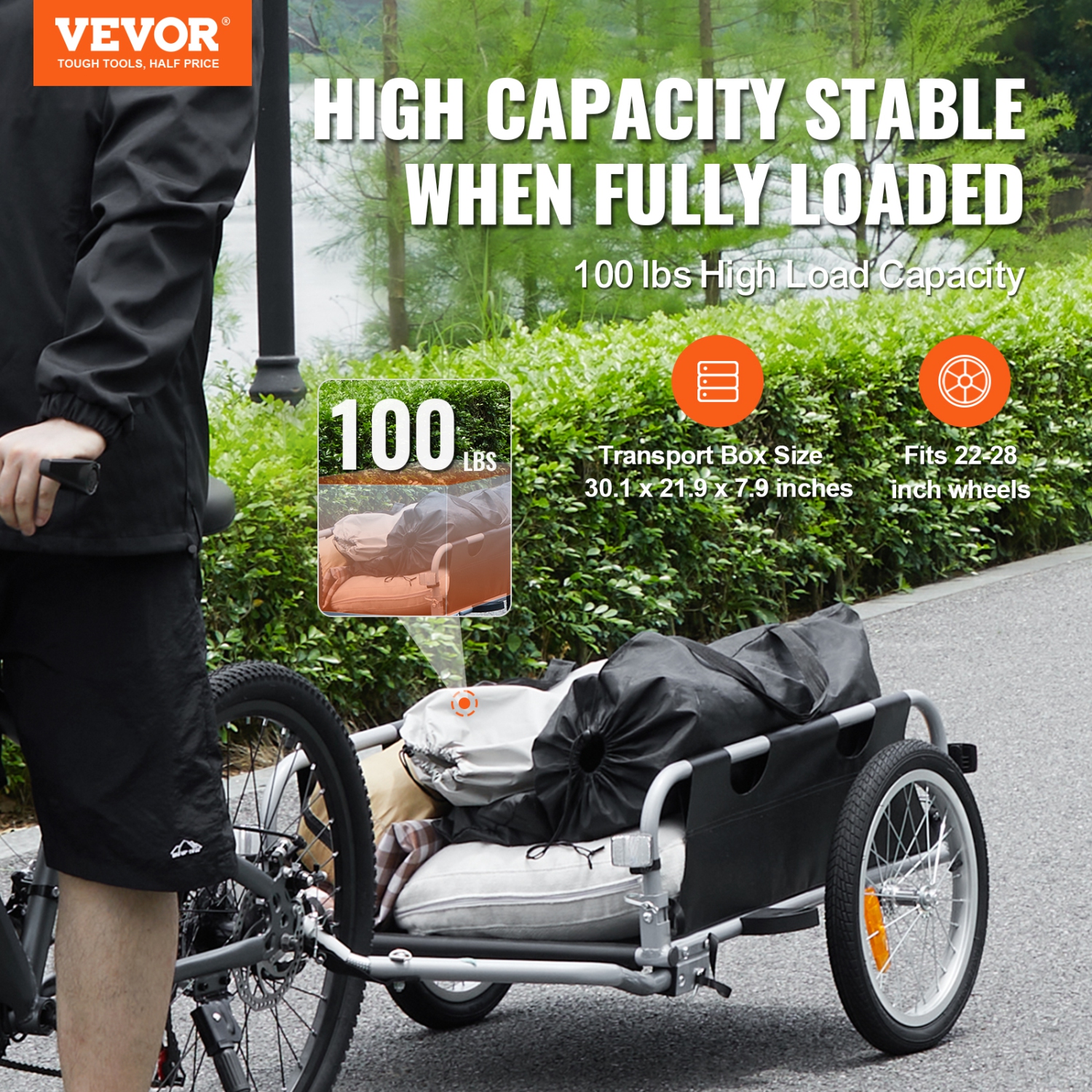 Remorque de vélo VEVOR, capacité de charge 100&nbsp;lb, chariot de vélo robuste, rangement compact pliable avec attelage universel, roues de