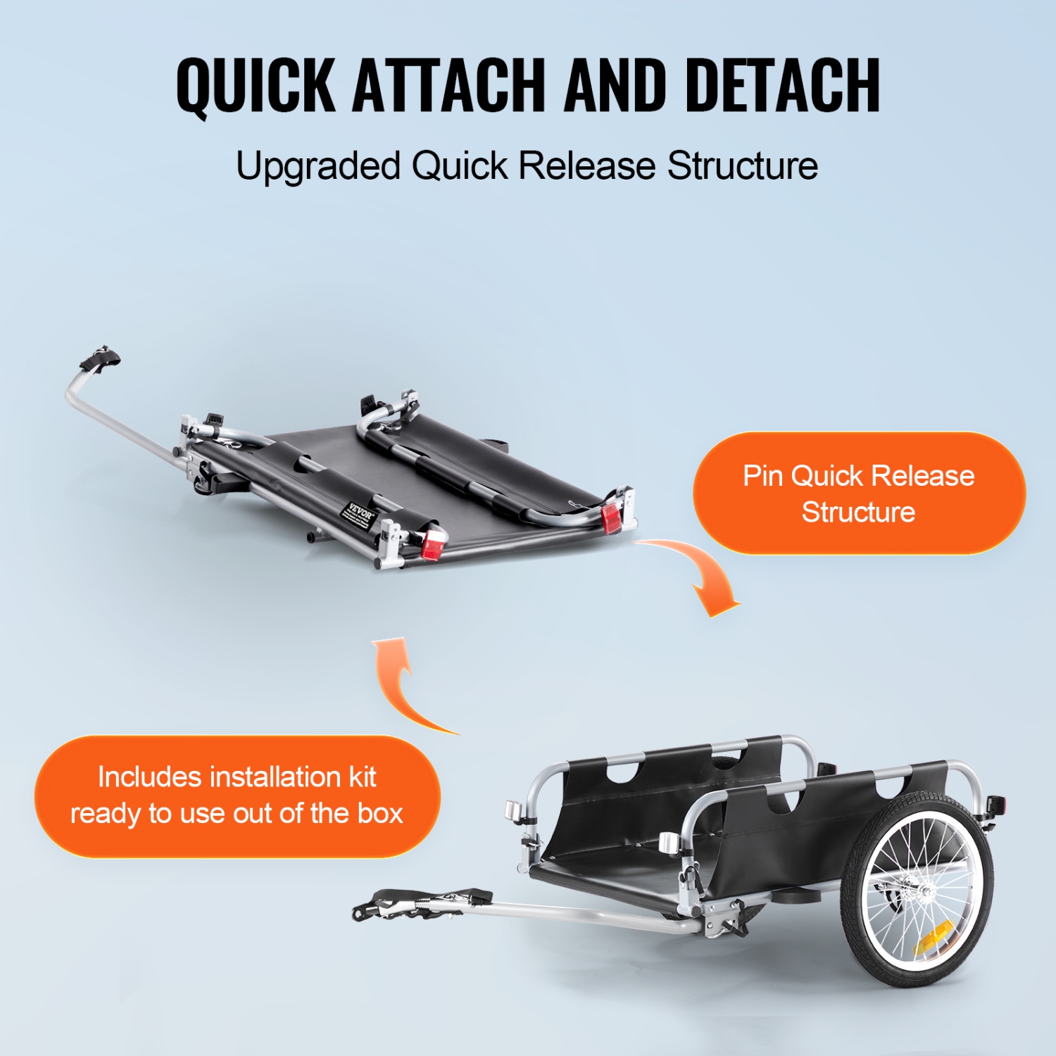 Remorque de vélo VEVOR, capacité de charge 100&nbsp;lb, chariot de vélo robuste, rangement compact pliable avec attelage universel, roues de
