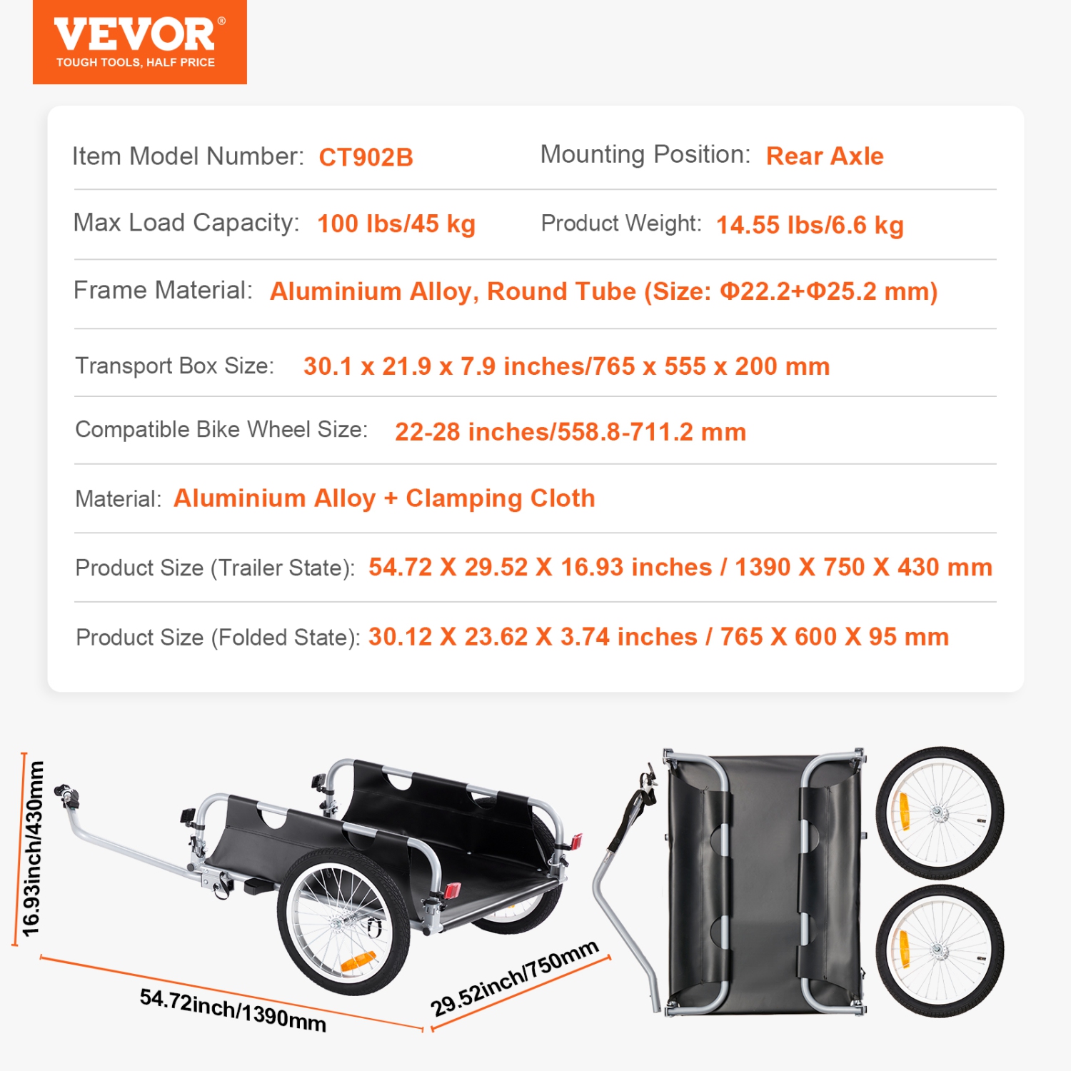 Remorque de vélo VEVOR, capacité de charge 100&nbsp;lb, chariot de vélo robuste, rangement compact pliable avec attelage universel, roues de
