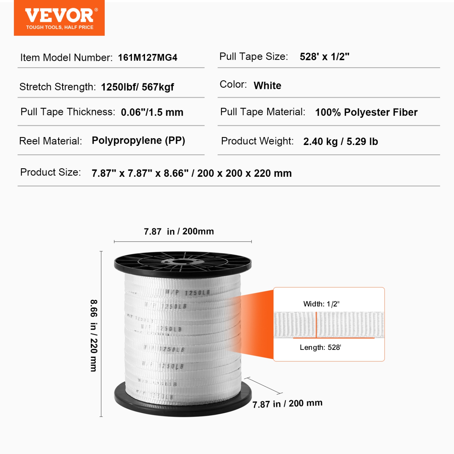 VEVOR 1/2" x 528' Polyester Pull Tape, Mule Tape Flat Rope, 1250 lbf Tensile Capacity, Printed Webbing Cable Pulling Tape for Packaging, Gardening,