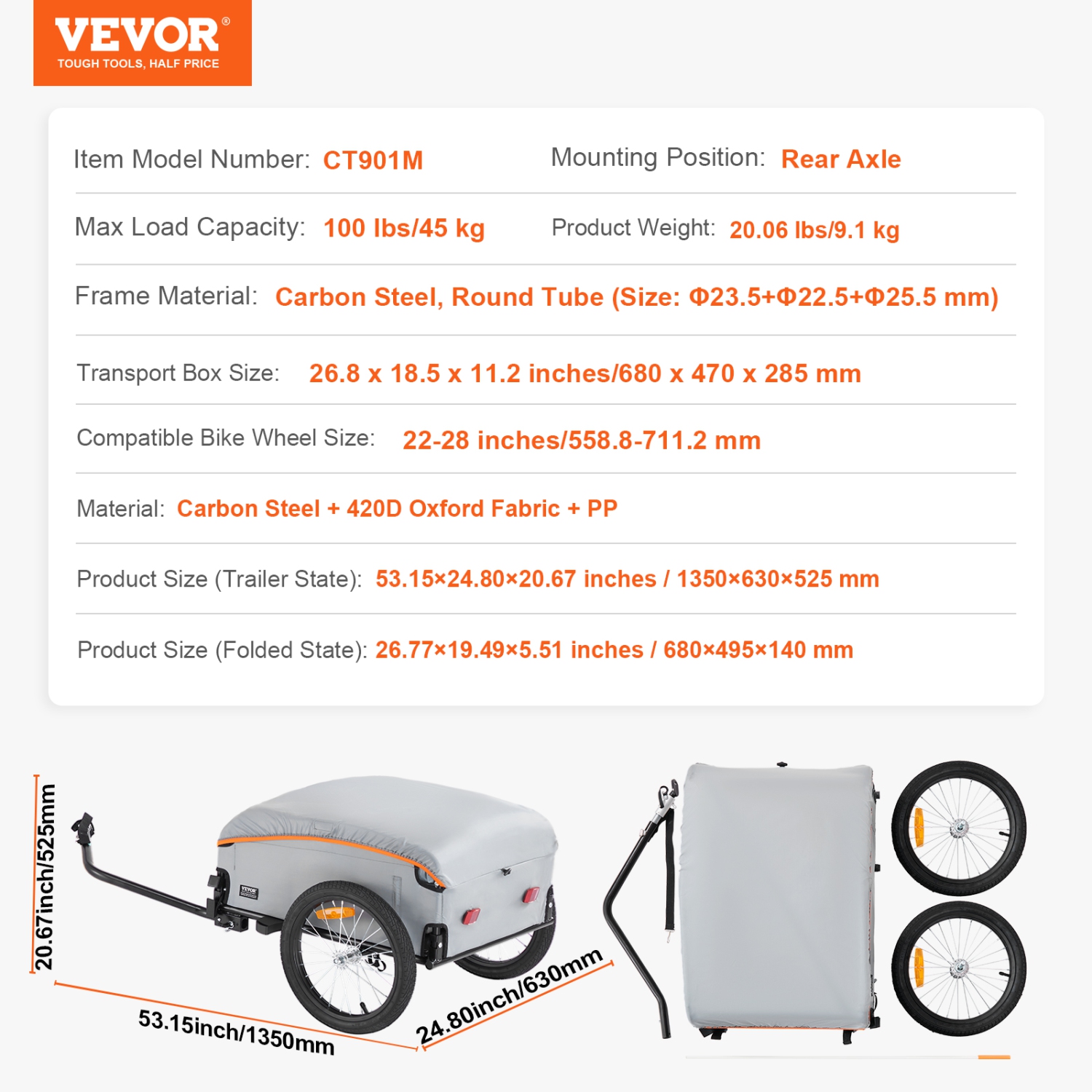 Remorque pour vélo VEVOR, capacité de charge de 88/100/160 lb, chariot pour vélo robuste, rangement compact pliable avec attelage universel