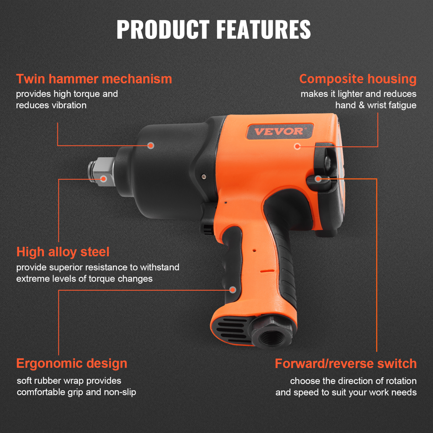 VEVOR Air Impact Wrench, 3/4-Inch Drive Air Impact Gun, Up to 1870ft-lbs Nut-busting Torque, Composite Pneumatic Impact Wrench for