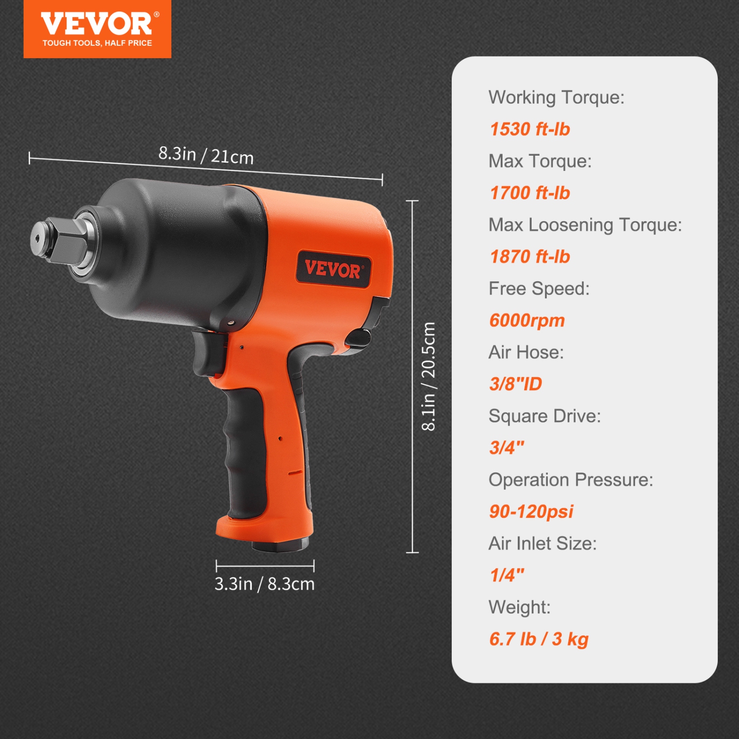 VEVOR Air Impact Wrench, 3/4-Inch Drive Air Impact Gun, Up to 1870ft-lbs Nut-busting Torque, Composite Pneumatic Impact Wrench for