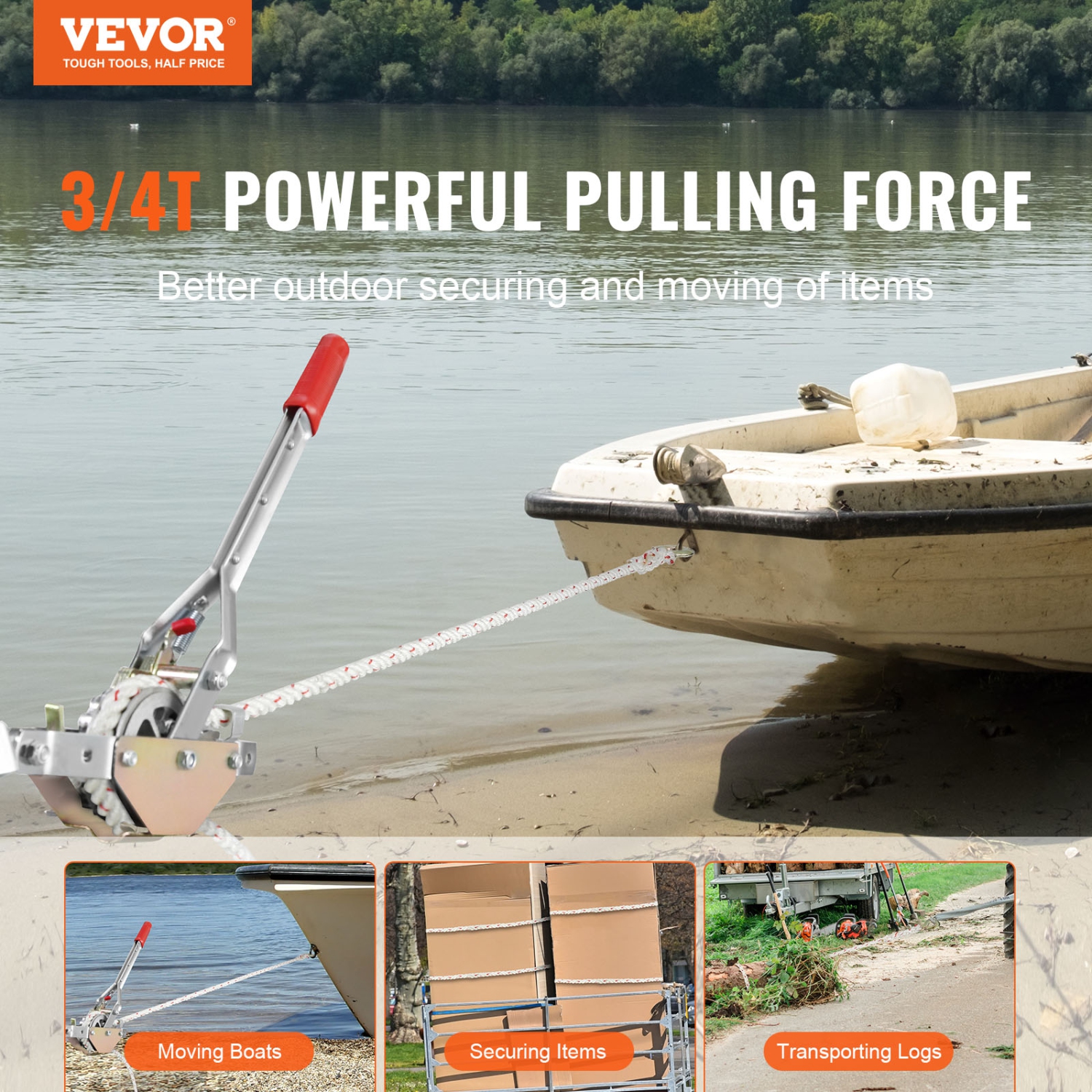 VEVOR 3/4 Ton Pulling Capacity Rope Puller with 100' of 0.6" dia. Rope,2 Hook,Come Along Winch, Ratchet Power Puller for Moving Boats,Securing