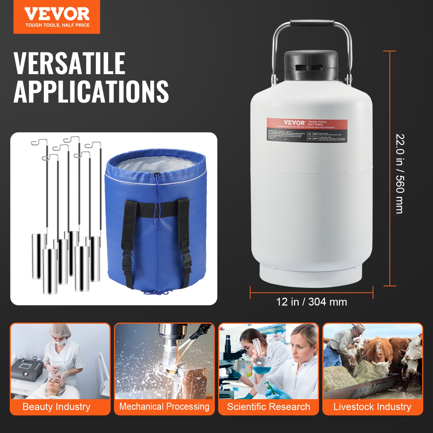 VEVOR 10 L Aluminum Alloy Liquid Nitrogen Container, LN2 Tank Dewar with 6 Canisters and Carry Bag with Straps, Cryogenic Tank for Beauty Industry,