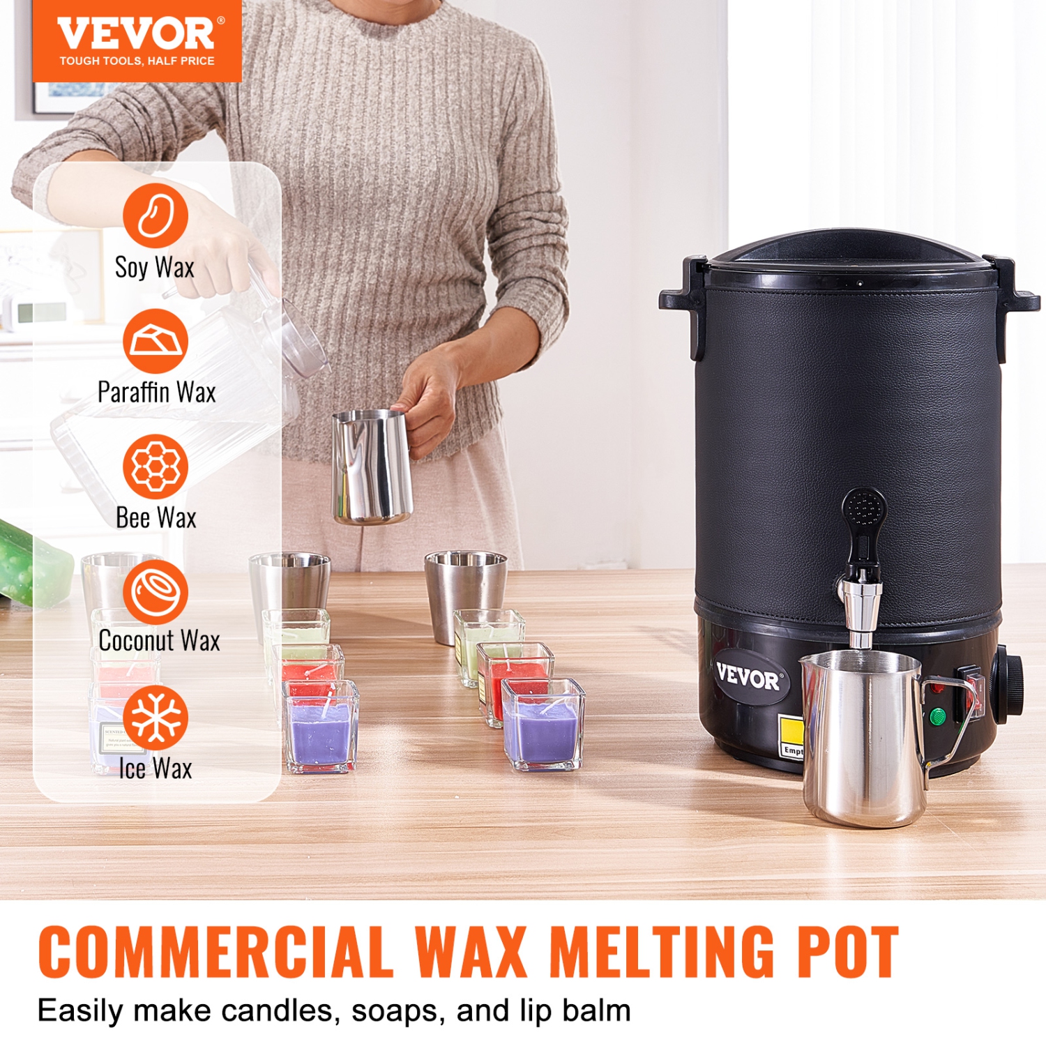 VEVOR 6.5 Liter Large Electric Wax Melting Pot Easy Pour Spout, 9-level Temperature Control, Easy Clean for Candle Soap Cream Beauty Bulk Production