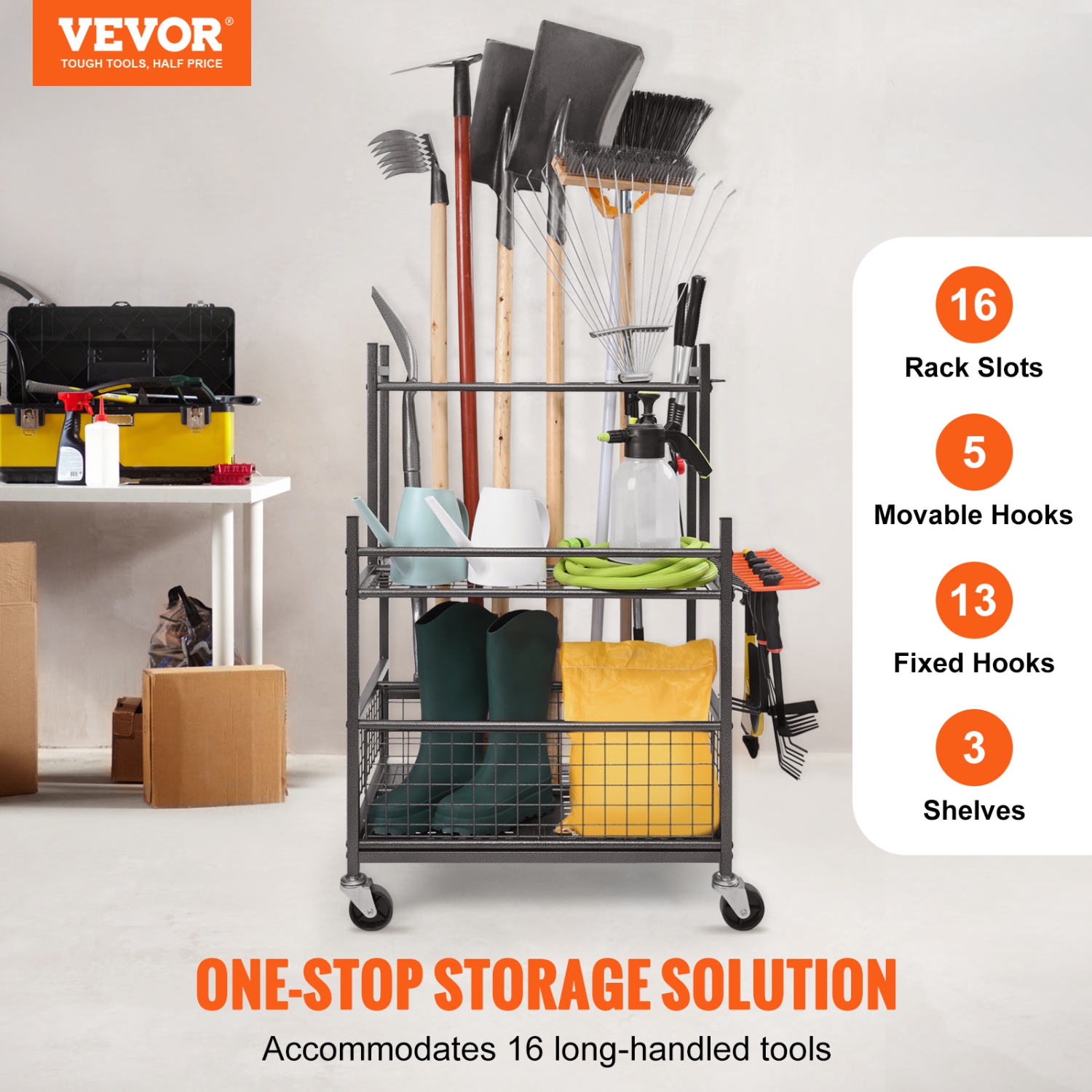 VEVOR 16 Slots Garden Tool Organizer with Hooks,Yard Tool Tower Rack with Wheels for Garage Organization and Storage, Hold Tool/Rake/Broom,Metal Tool