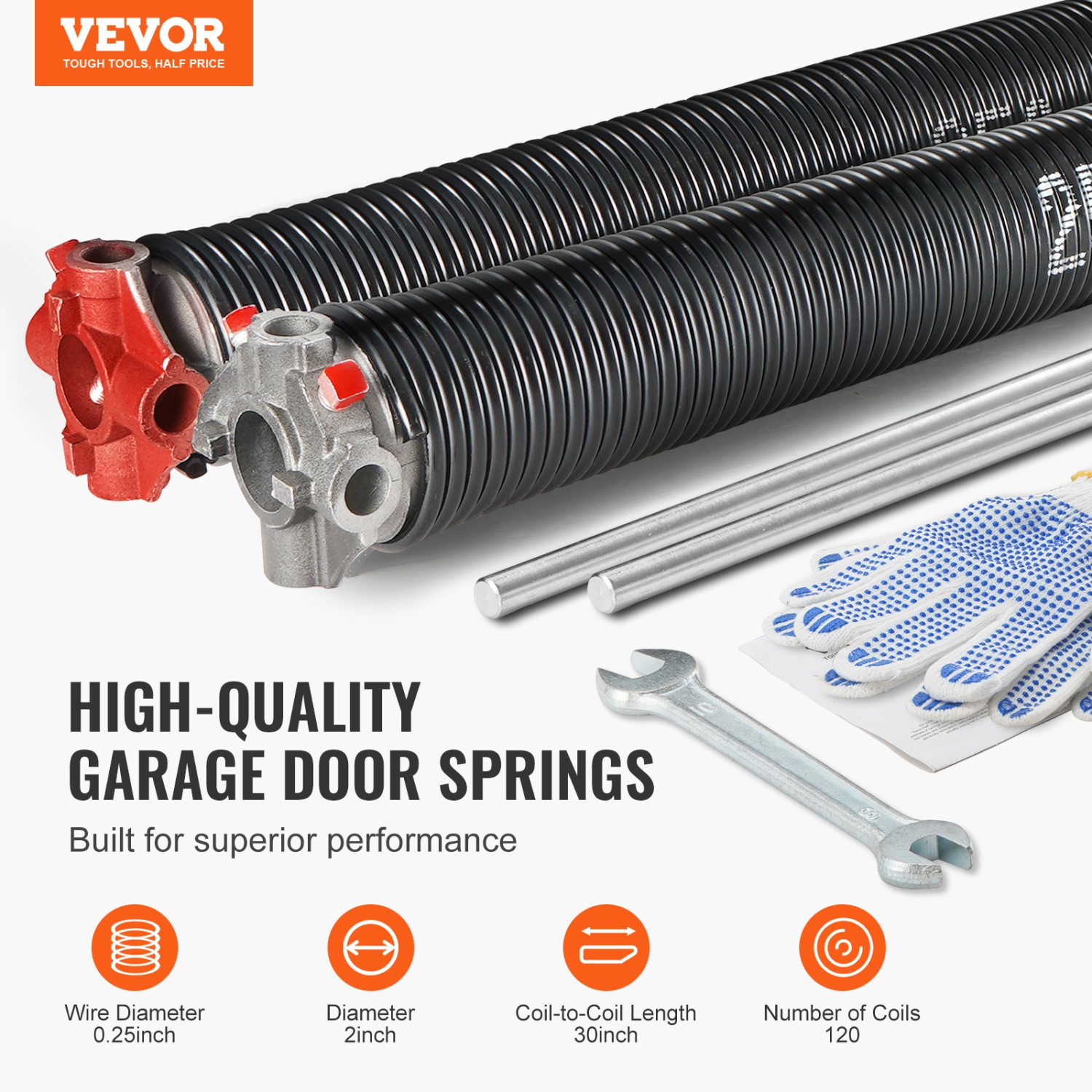 VEVOR 16000 Cycles Garage Door Torsion Springs, Pair of 0.25 x 2 x 30inch, Garage Door Springs with Non-Slip Winding Bars, Mounting Tool and Gloves,