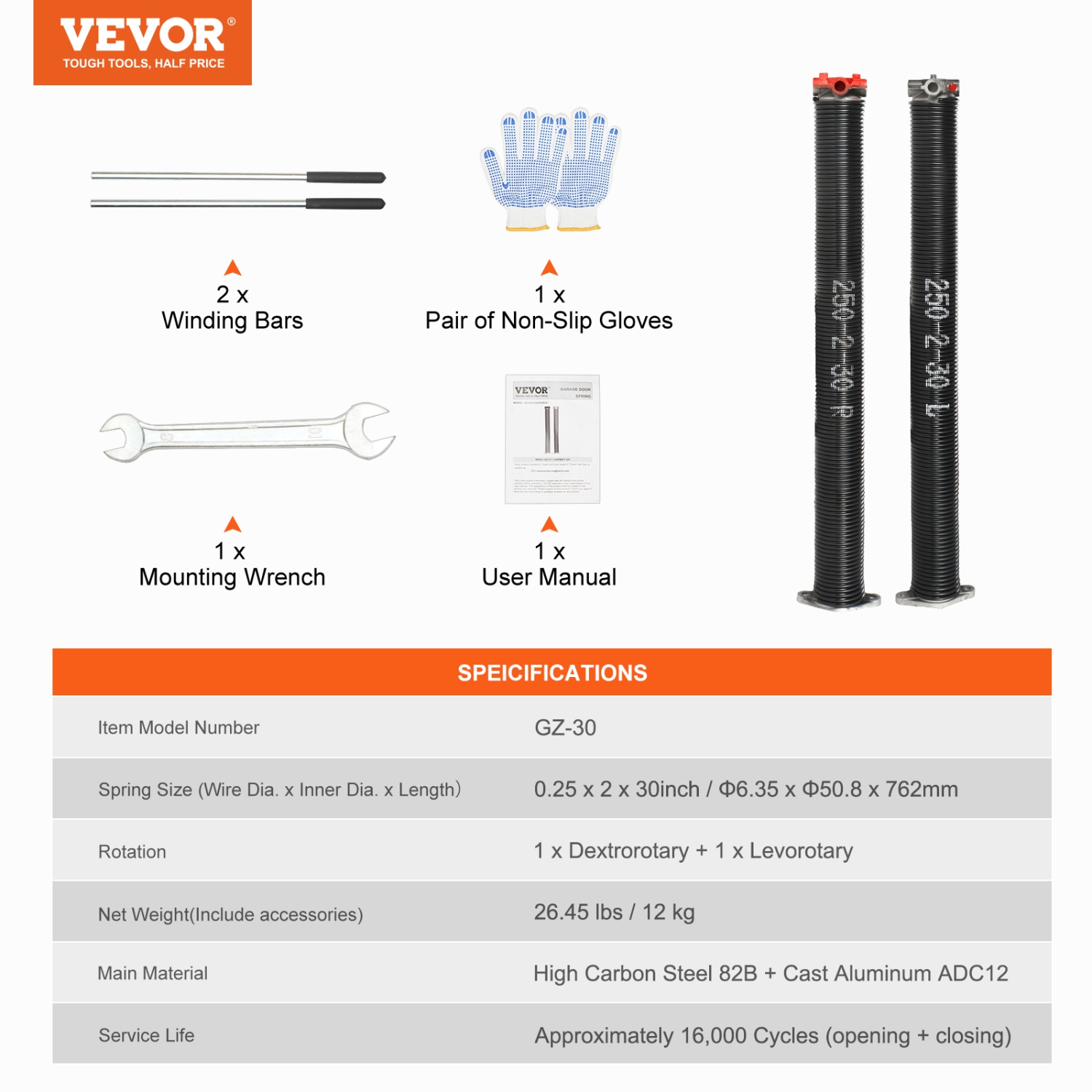 VEVOR 16000 Cycles Garage Door Torsion Springs, Pair of 0.25 x 2 x 30inch, Garage Door Springs with Non-Slip Winding Bars, Mounting Tool and Gloves,