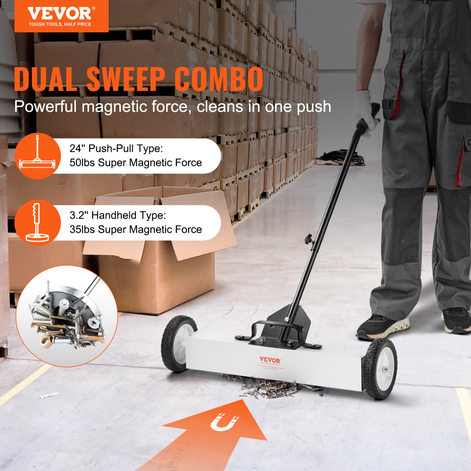 VEVOR 24-Inch Magnetic Sweeper with Wheels, 50 lbs Capacity, with Telescoping Magnetic Pickup Tool, Handle, Pickup Sweeper to Pick Up Nails and