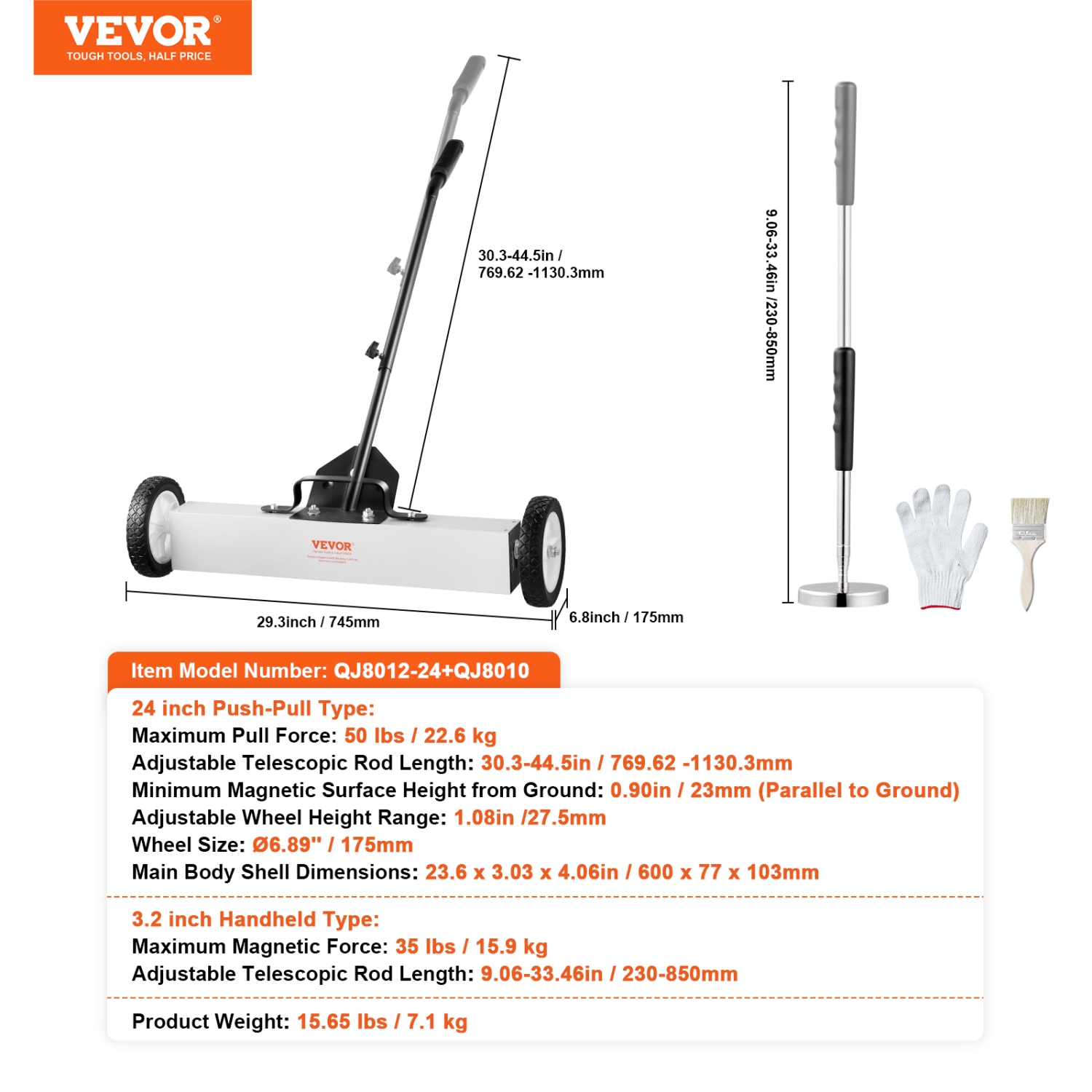 VEVOR 24-Inch Magnetic Sweeper with Wheels, 50 lbs Capacity, with Telescoping Magnetic Pickup Tool, Handle, Pickup Sweeper to Pick Up Nails and
