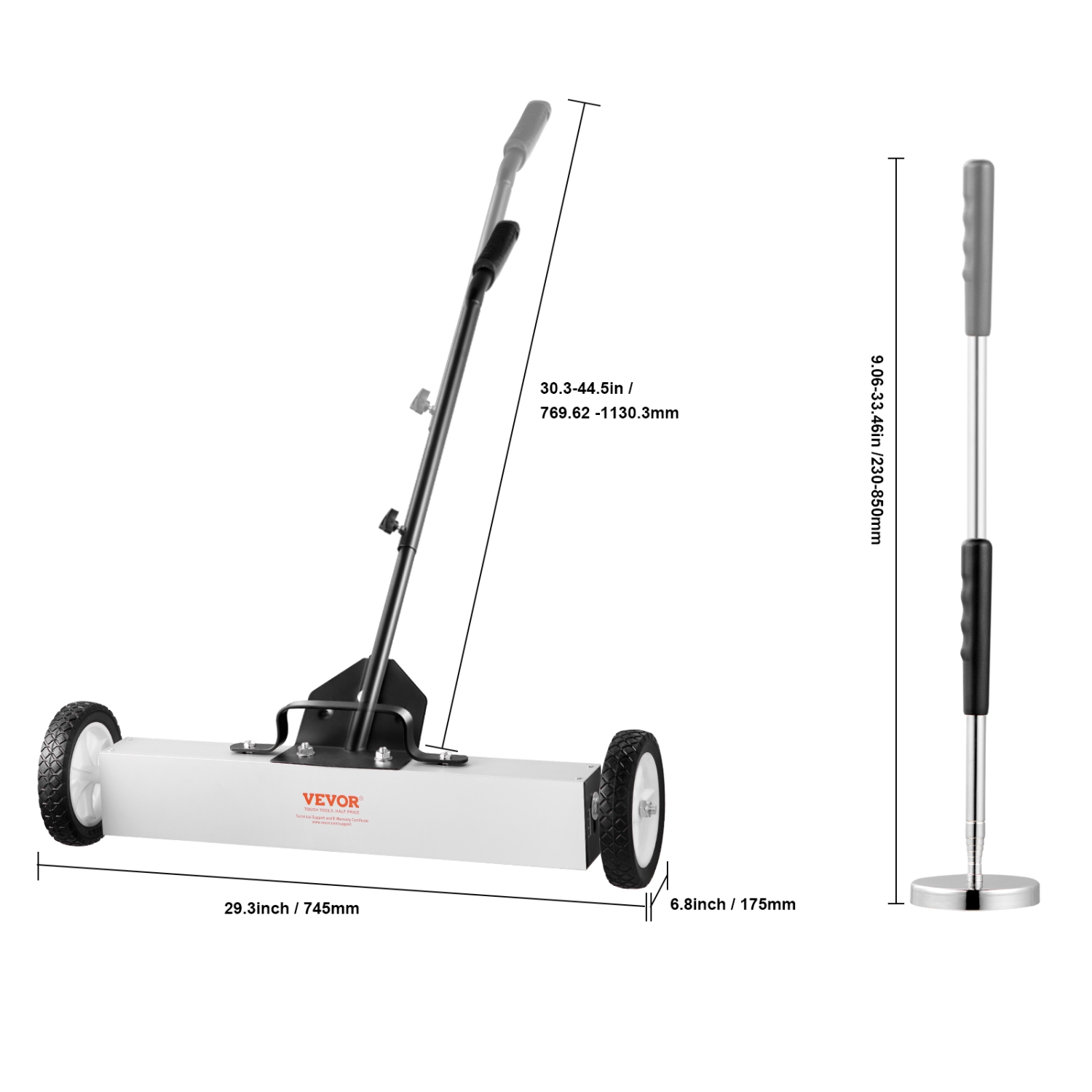 VEVOR 24-Inch Magnetic Sweeper with Wheels, 50 lbs Capacity, with Telescoping Magnetic Pickup Tool, Handle, Pickup Sweeper to Pick Up Nails and